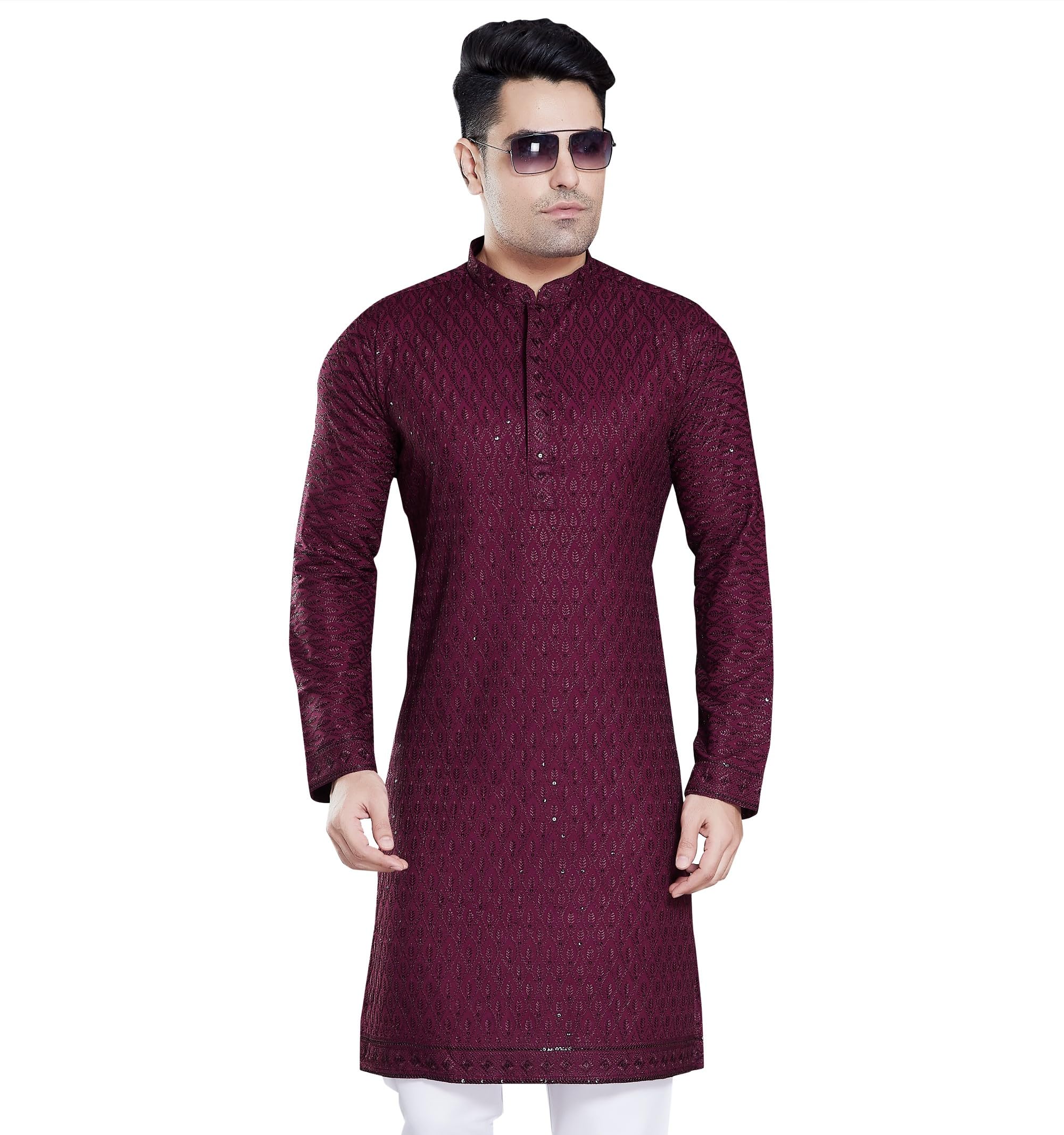 Divisive Men's Sequince Embroidered Cotton Blend Only Slim Fit Kurta (Dkrt108_M_Wine)