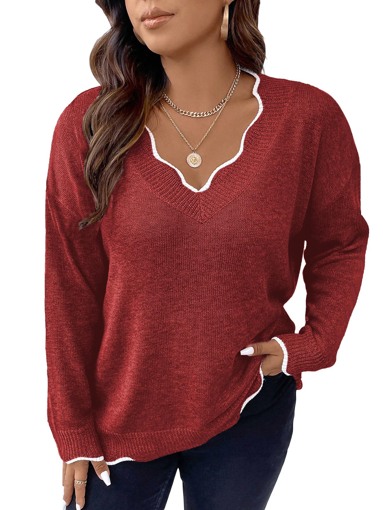 MakeMeChic Womens Plus Size Long Sleeve Sweaters Scalloped V Neck Knit Cozy Sweater Pullover