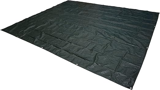 Amazon Basics dark green waterproof tarp folded beside its product packaging