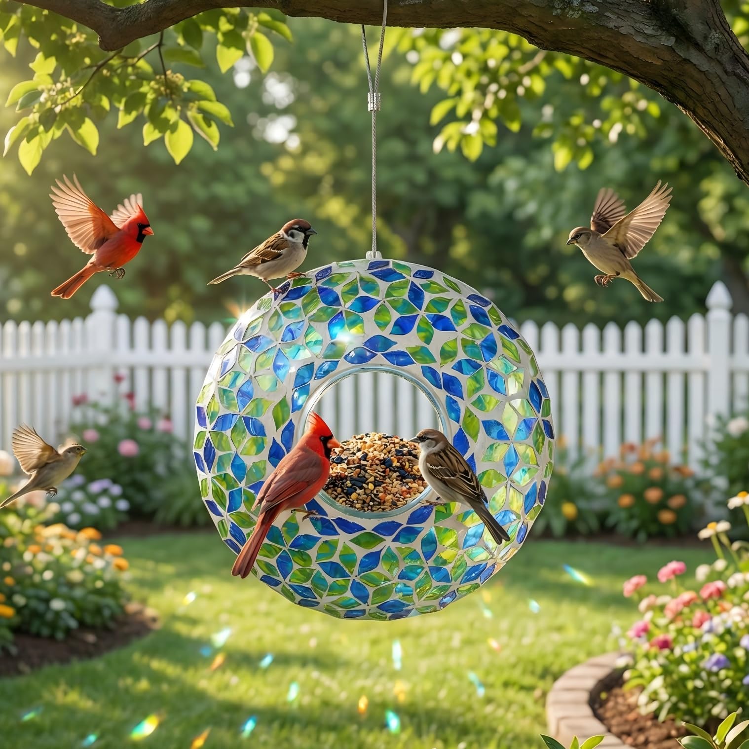 Mangeoire à oiseaux ronde à suspendre distributeur graines extérieur
