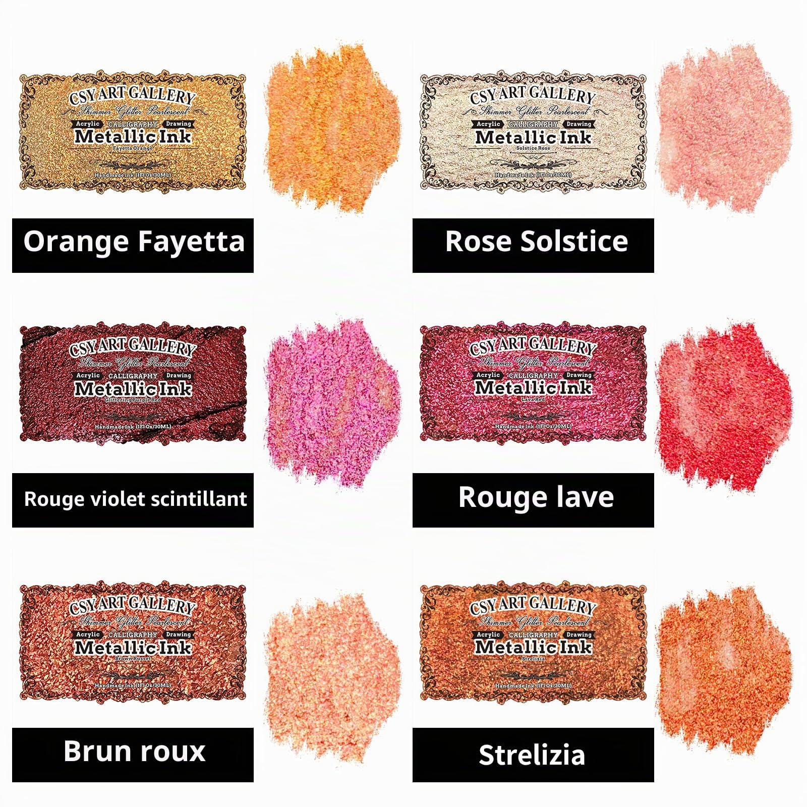 Lot de 6 flacons d'encres acryliques nacrées avec compte-gouttes, 29,5 ml – Encre à dessin liquide Bronze Doré Rouge pour calligraphie, bois, scrapbooking, journaux, albums photo