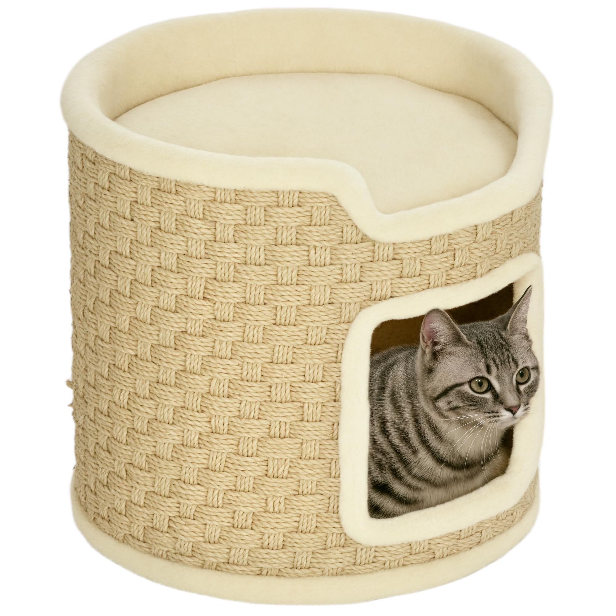 Fusto tiragraffi PawHut, fusto per gatti alto 37 cm, grotta per gatti con porta, casa per gatti, tiragraffi a 2 livelli, torre per gatti, letto per gatti in sisal, per gatti fino a 5 kg, kaki
