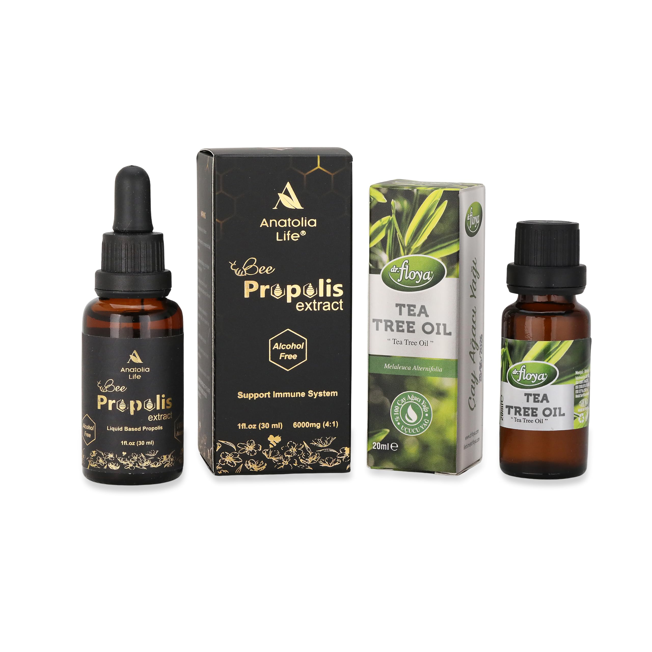 Bee Propolis Extract Alcohol-Free Immune Support Supplement 30ml - 100% Pure Tea Tree Essential Oil 20ml - Natural Immune Booster & Antimicrobial -