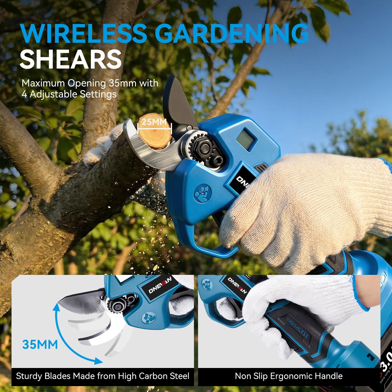ONEVAN Podadora de Altura y Tijeras de Podar, 4 en 1, con Pértiga 2m | Mini motosierra 6" + tijeras podar 35mm, ajustable 180°, SK5, pantalla LED, sin escobillas, ideal para árboles altos