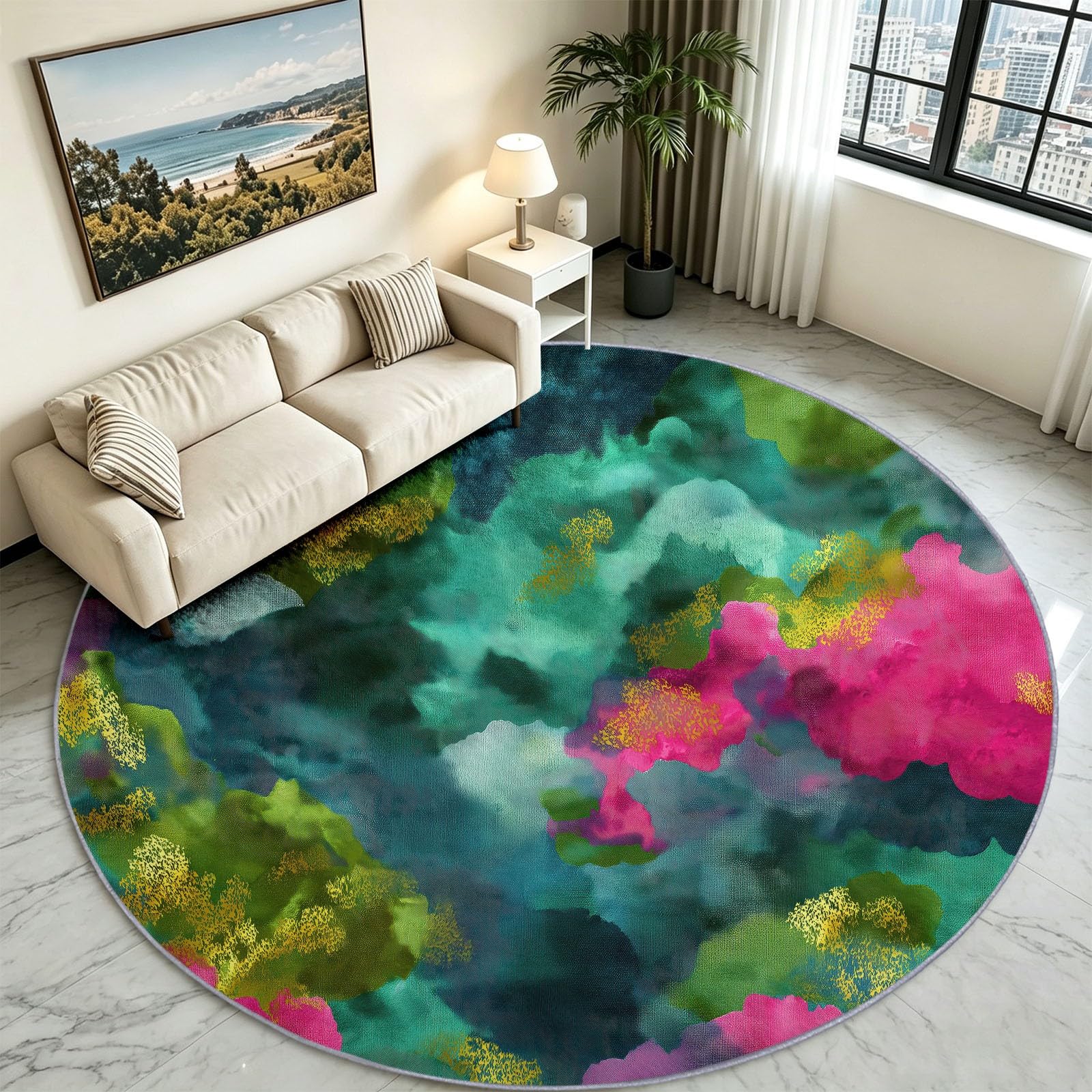Alfombra redonda abstracta moderna, lavable, 100 cm, verde