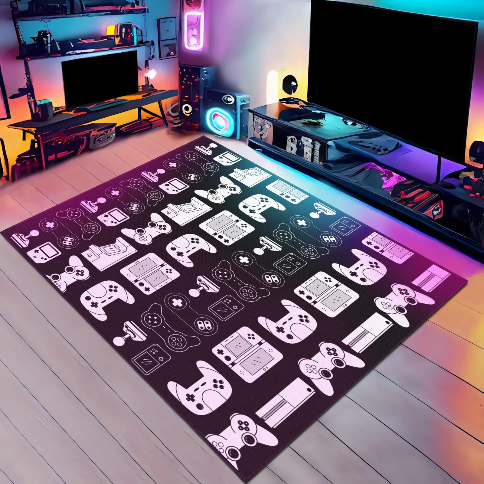 Auetwyona 4'x6' Gaming Rug for Boys Room Gamer Area Carpet - Video Game Themed Teen Boys Room Decor Gamer Rug Black & White Gaming Area Rug for Living