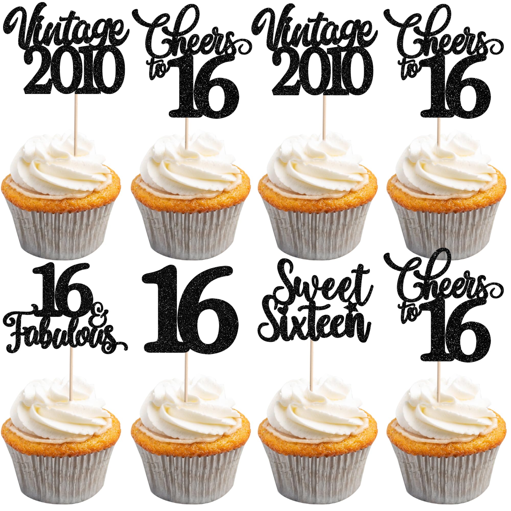 30 Stück Vintage 2010 Geburtstag Tortendeko Glitzer Sweet Sixteen Kuchen Deko Happy 16th Cucake Toppers für Prost auf 16 Jahre Geburtstag Jahrestag Party Kuchen Dekoration Schwarz