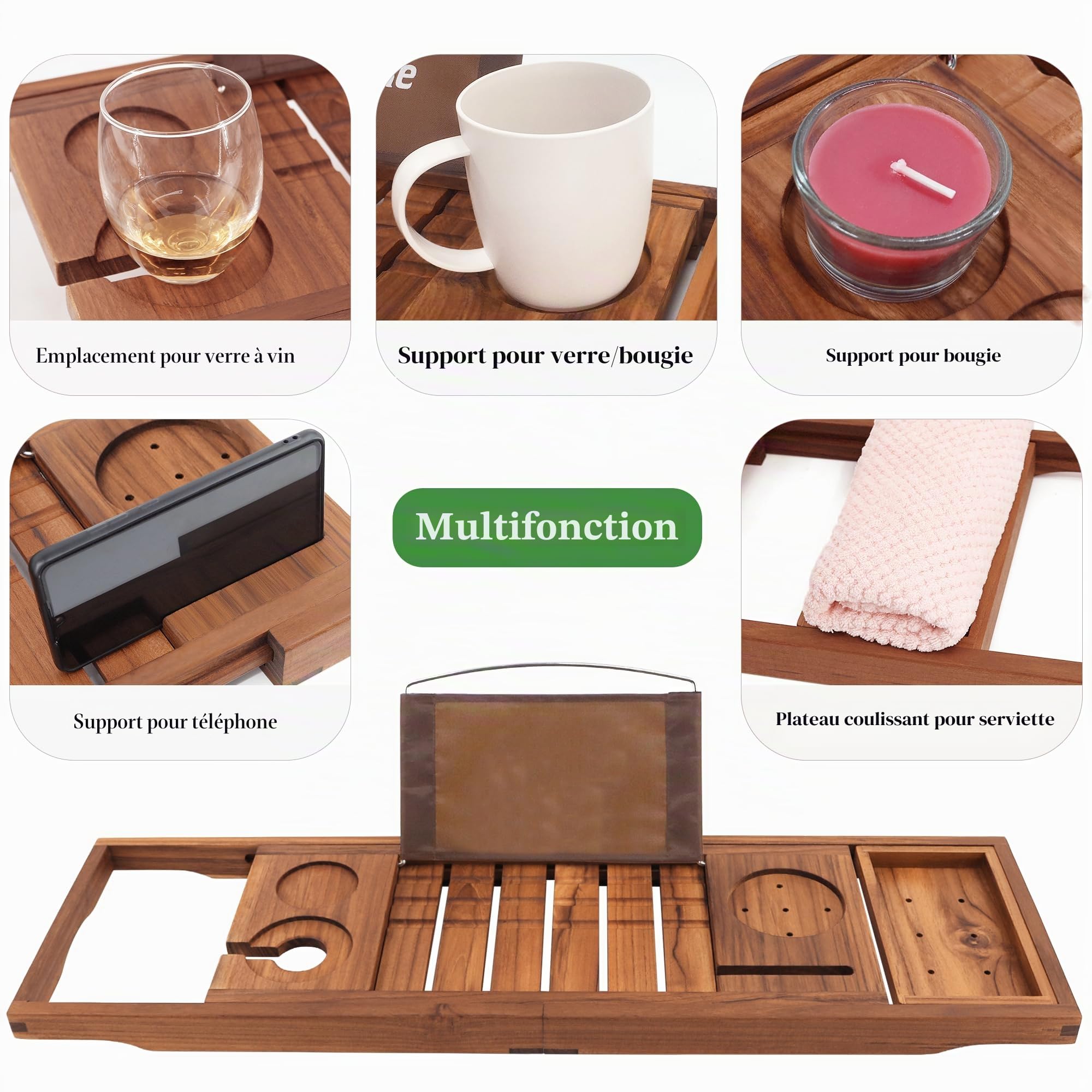 Plateau de baignoire en teck, plateau de baignoire extensible en bois pour la baignoire avec porte-bouteilles de vin et porte-livres, caddy de salle de bain solide avec brosse à corps en teck gratuite