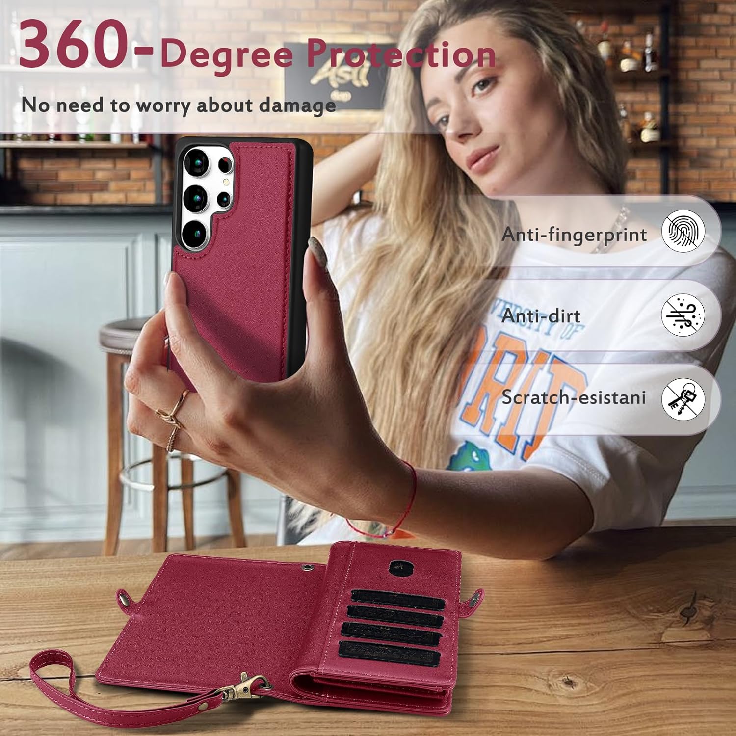 for Wallet Case Compatible with Samsumg Galaxy S25U Multi-Function Detachable 2 in 1 Magnetic Phone Case Wallet,Flip Strap Zipper Card Holder Phone Case with Shoulder Straps (Red)
