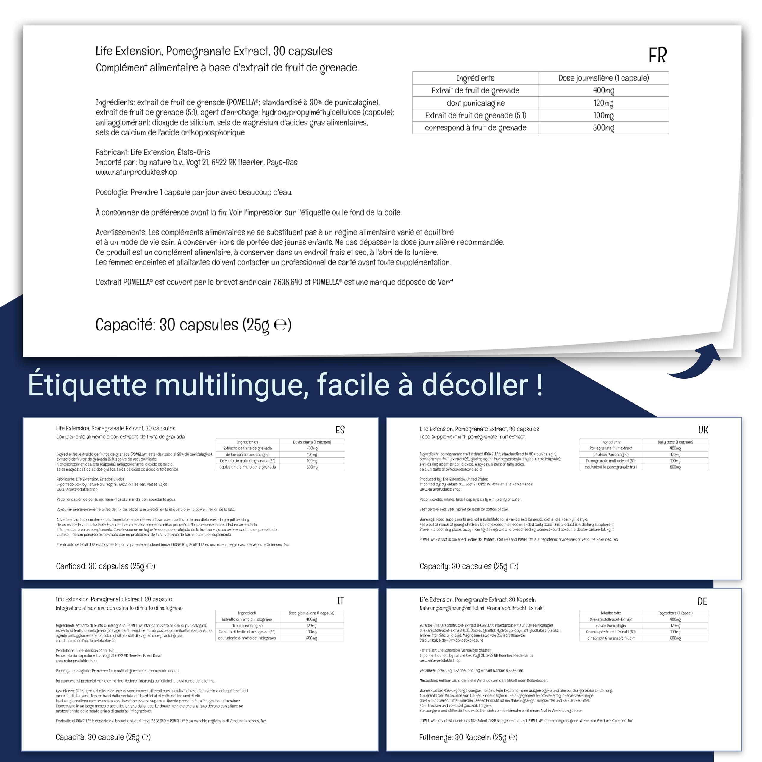 Life Extension, Pomegranate Extract (Extrait de Grenade), 400mg, 30 Capsules végétaliennes, Testé en Laboratoire, Végétarien, Sans Gluten, Sans Soja, Sans OGM