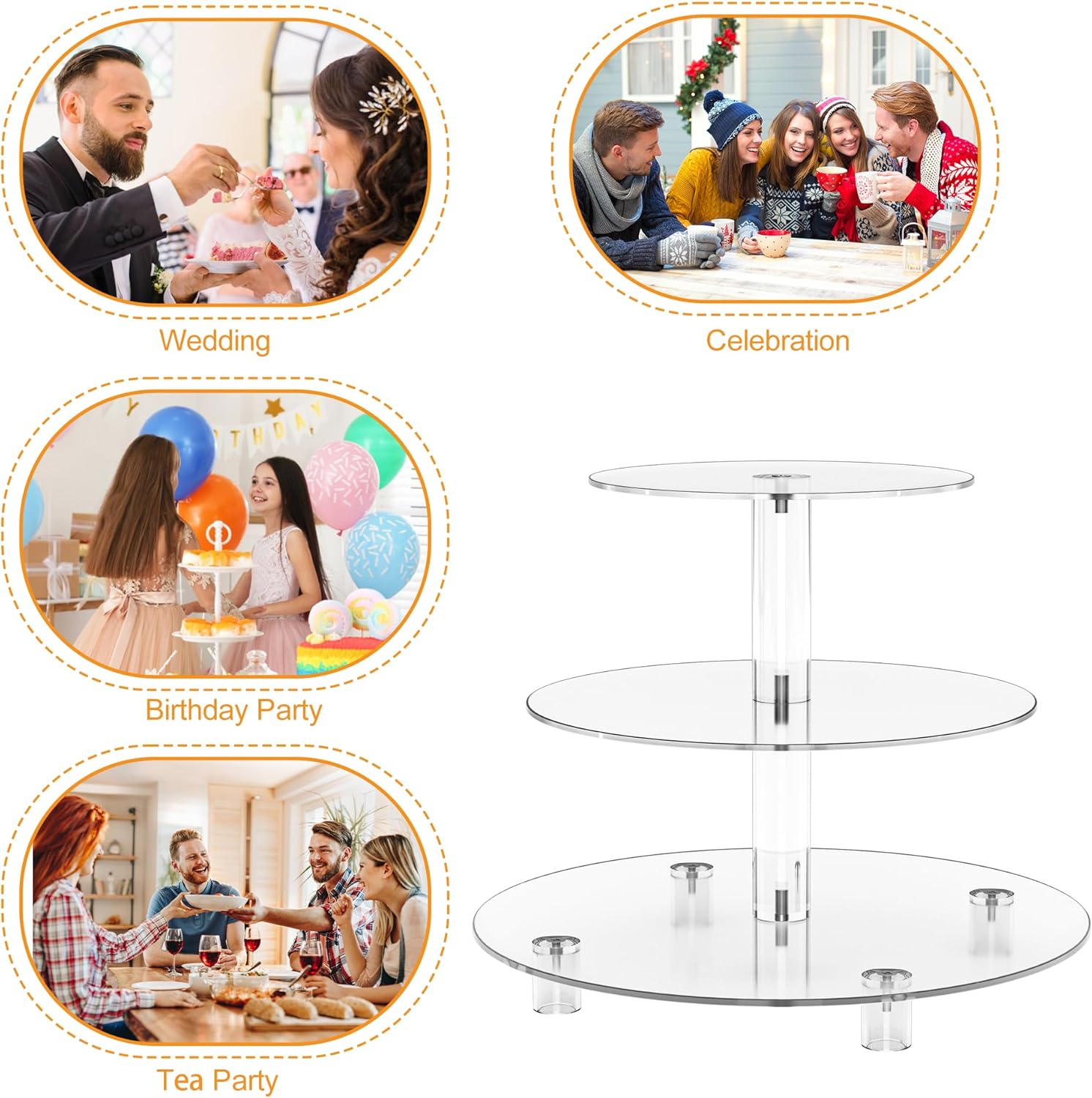 Acrylic Cupcake Stand, Clear Dessert Tower Holder Display with Base for Wedding, Party, Baby Shower, 3 Tier Round, Transparent