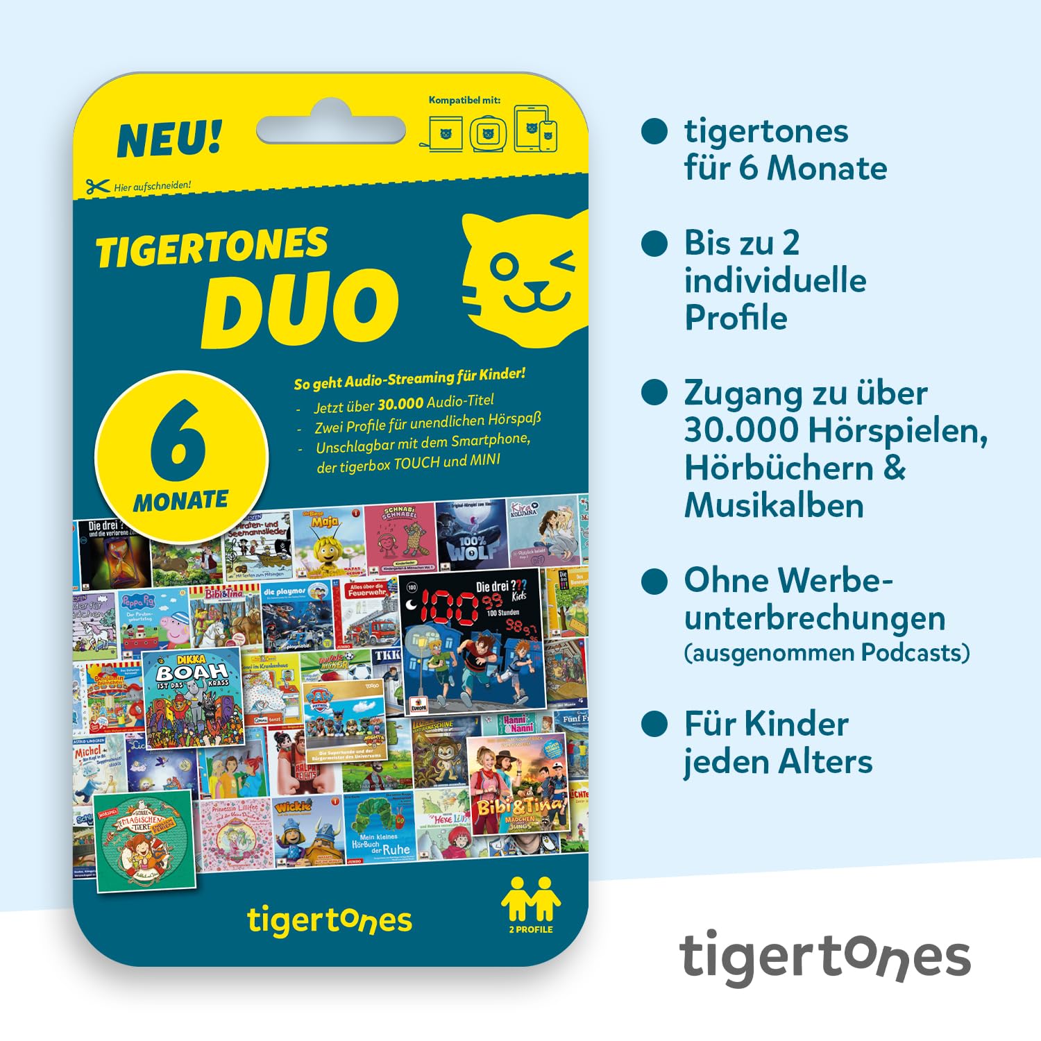 tigermedia tigertones Duo Prepaid-Zugang 6 Monate | Audio-Streamingdienst für Kinder | Über 30.000 Audiotitel | Volle Kostenkontrolle | Nutzbar mit tigerbox Touch und MINI | Musikbox