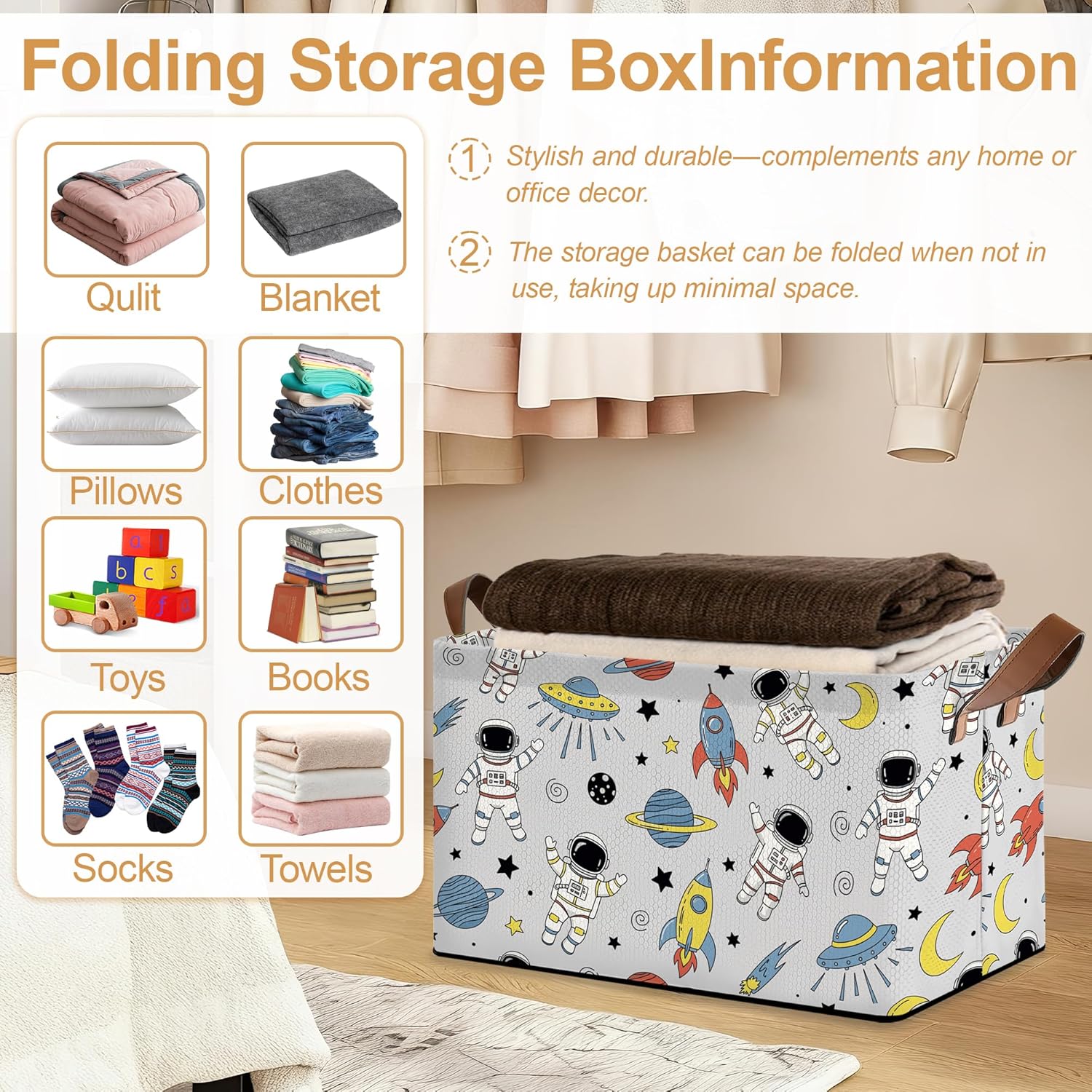 Space Planet Storage Bin with Handles, Basket Storage Organizer for Shelves, Closet, Nursery, Book, Laundry Hamper & Home Decor