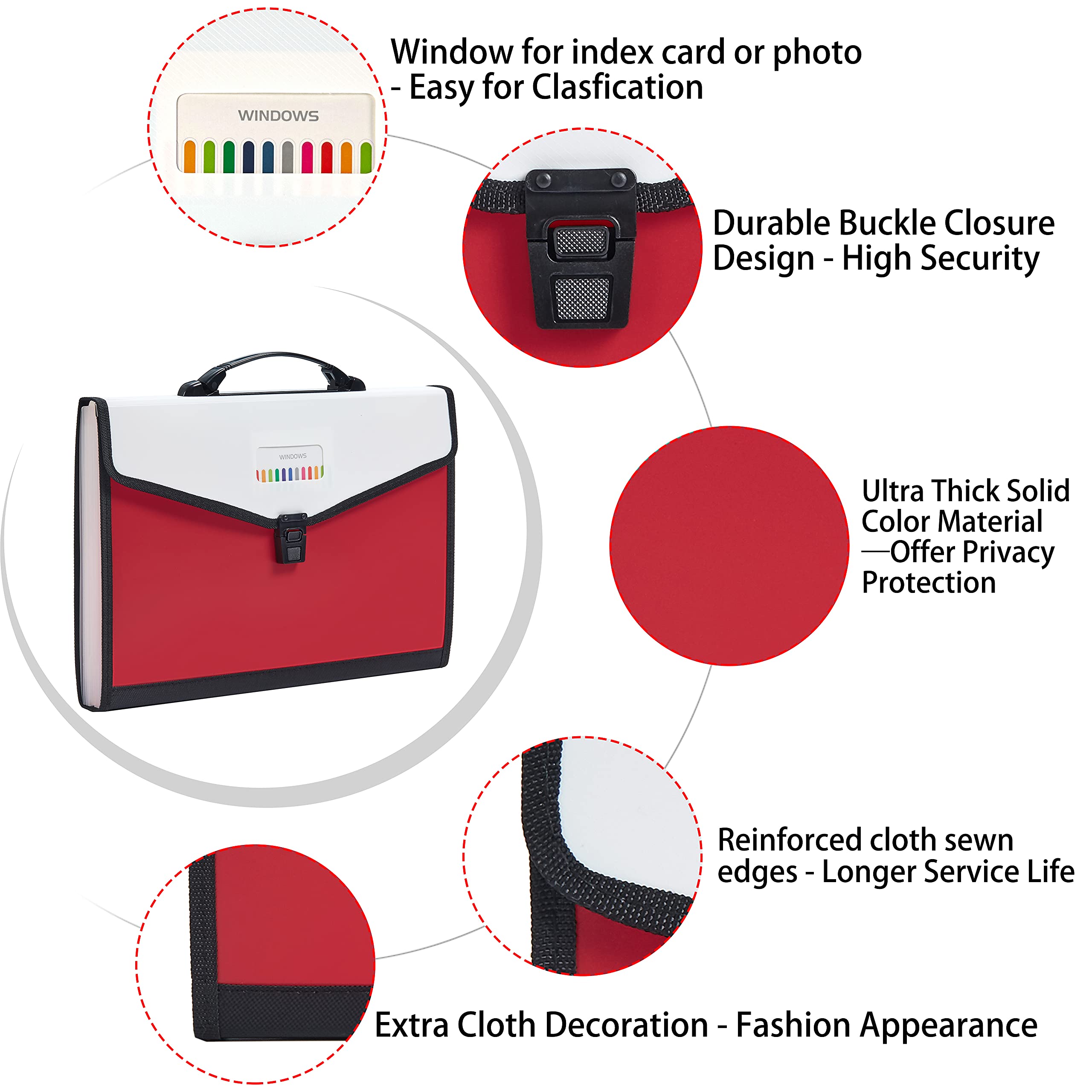 Cartella portadocumenti espandibile con 13 tasche, con manico, in plastica, espandibile e mensile, portatile, per ufficio, scuola e casa (rosso)