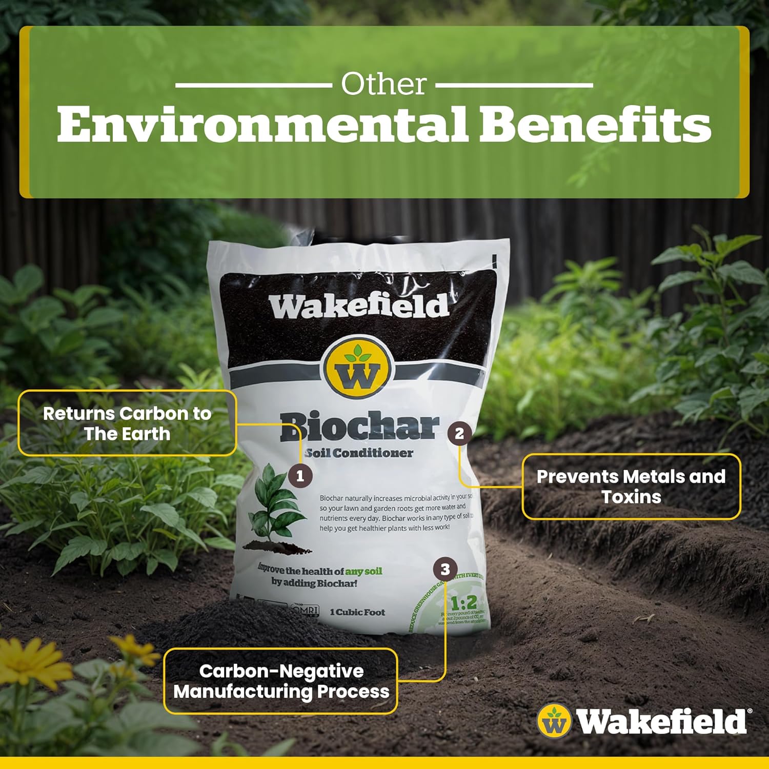 Wakefield BioChar – Premium Garden Soil Conditioner – OMRI Listed, Bio Char for Raised Gardens, Potting Mix, Lawns – 1 cu/ft (25 pounds)