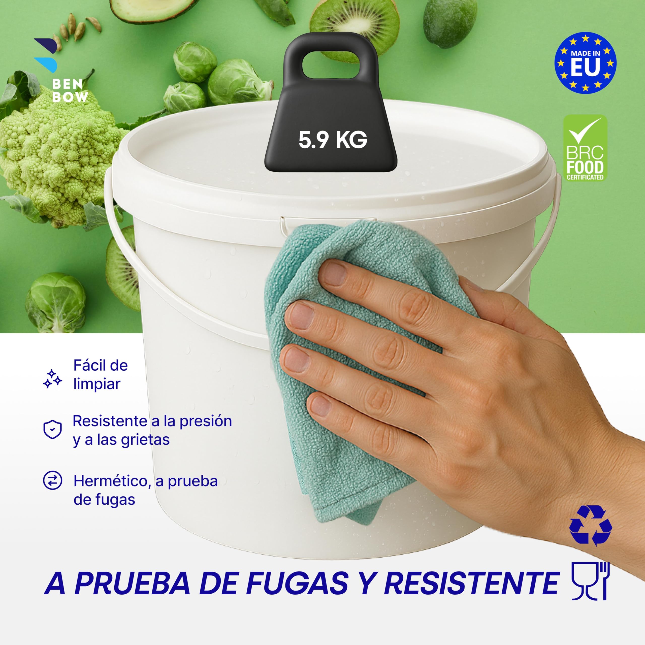 Cubo Con Tapa Blanco De 10,2 Litros - Plástico Apto Para Alimentos, Hermético Y A Prueba De Fugas - Con Asa, Ideal Para Almacenamiento Y Transporte