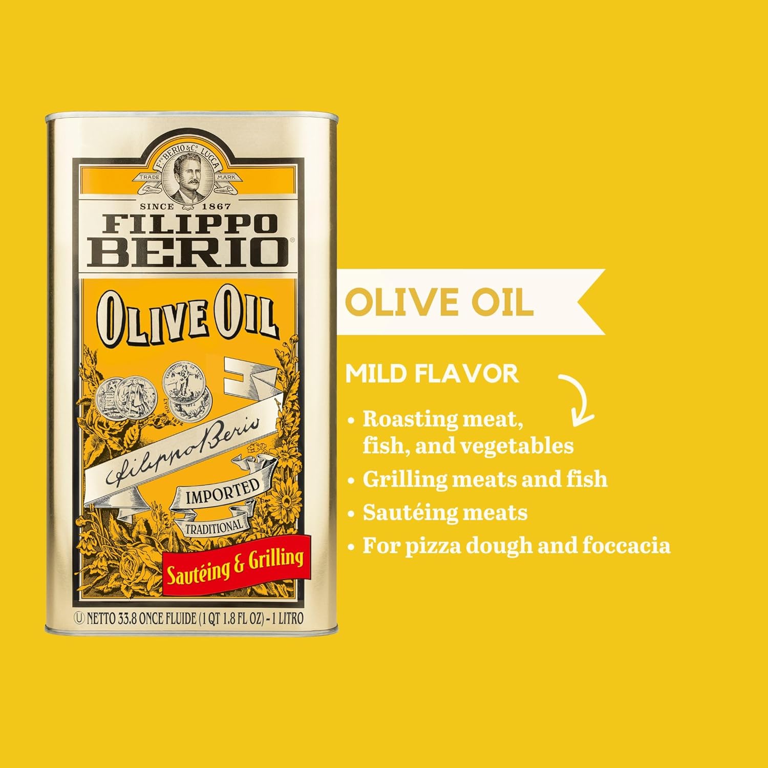 Filippo Berio Pure Olive Oil, 1 Liter Tin (33.8 Ounce)