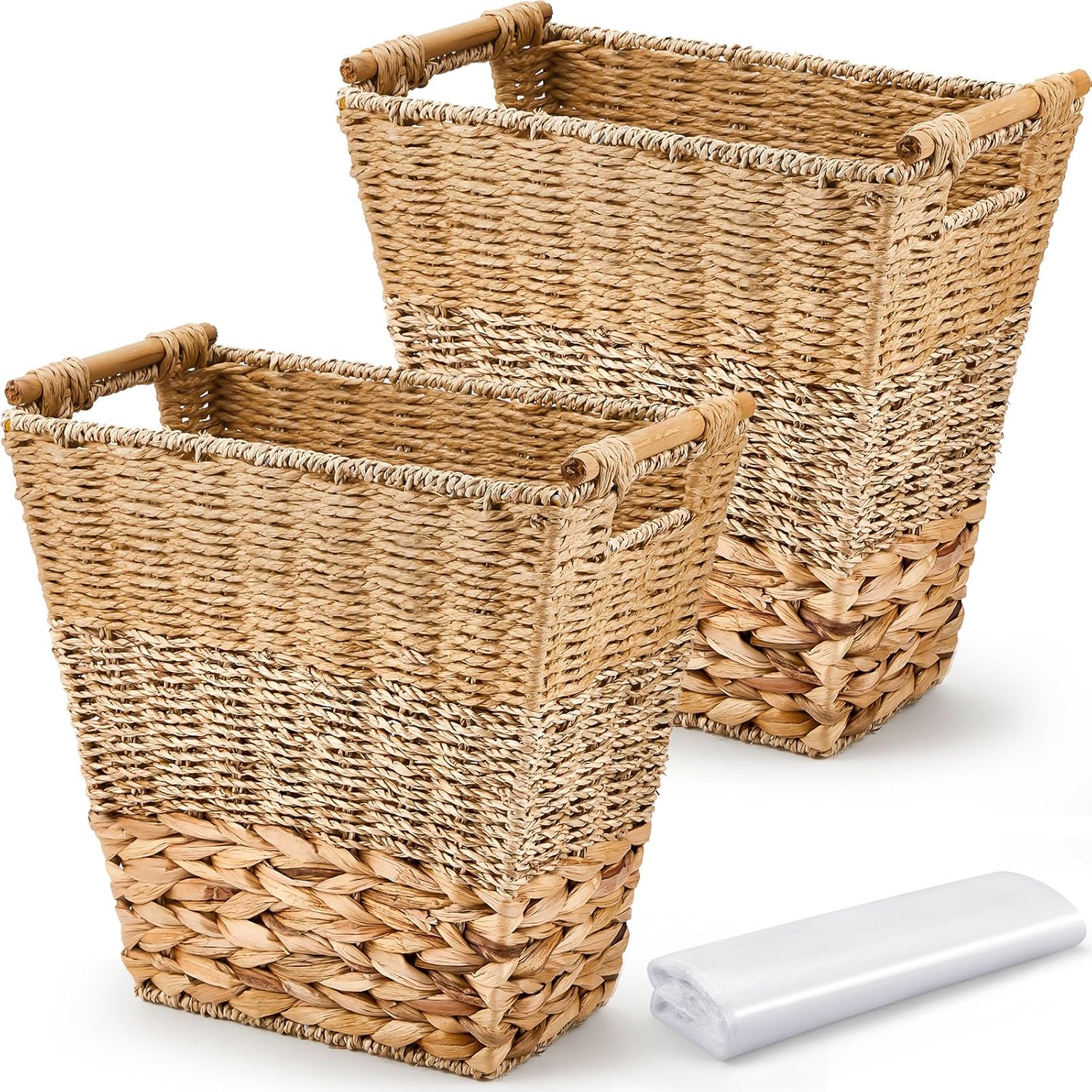 Mifoci 2 Pcs Wicker Trash Can with 50 Small Trash Bag Wicker Waste Woven Basket with Handles Clear Multi Use Garbage Bags for Bathroom Kitchen Bedroom(Multicolor)