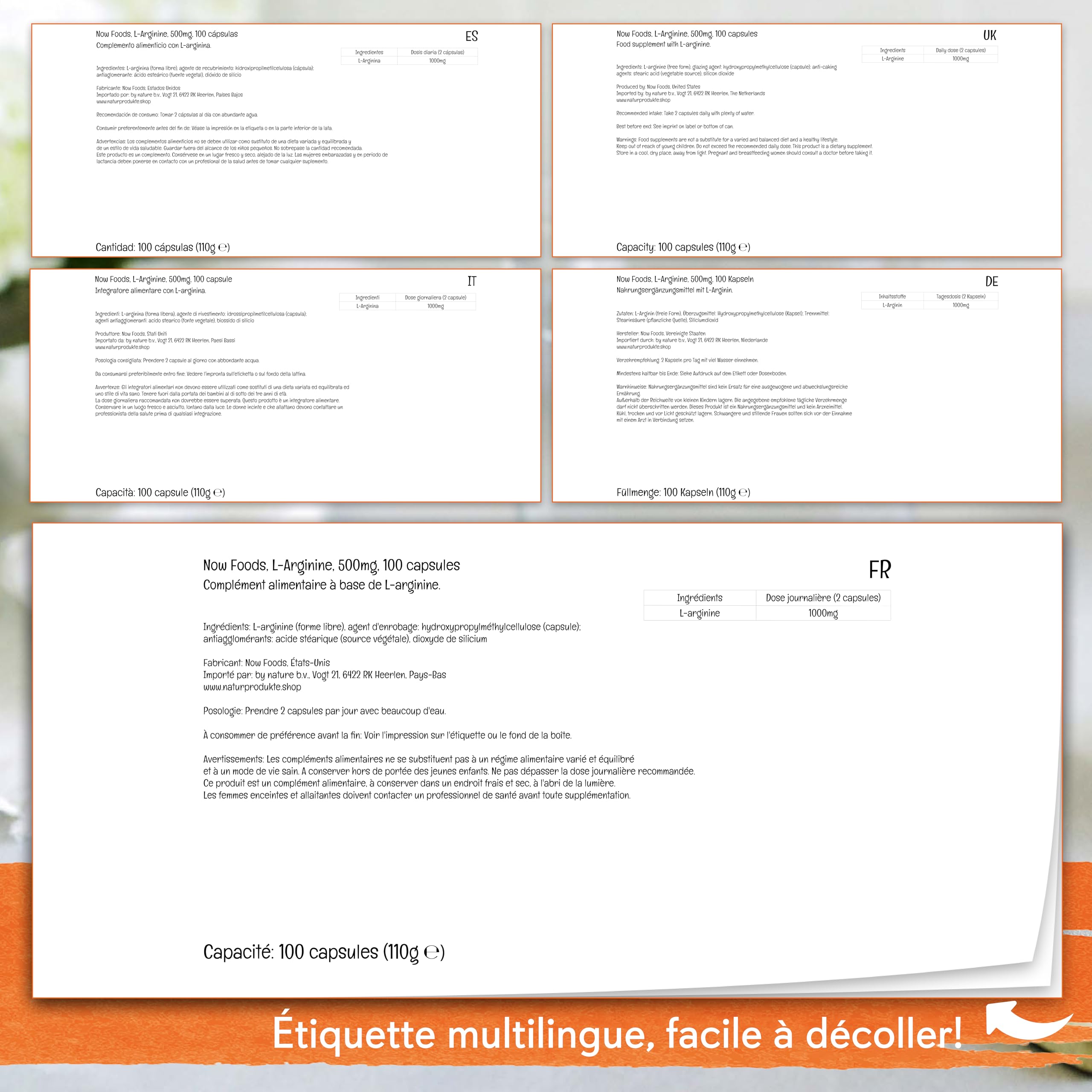 Now Foods, L-Arginine, 500mg, 100 Capsules végétaliennes, Acide Aminé, Végétarien, Sans Gluten, Sans Soja, Sans OGM
