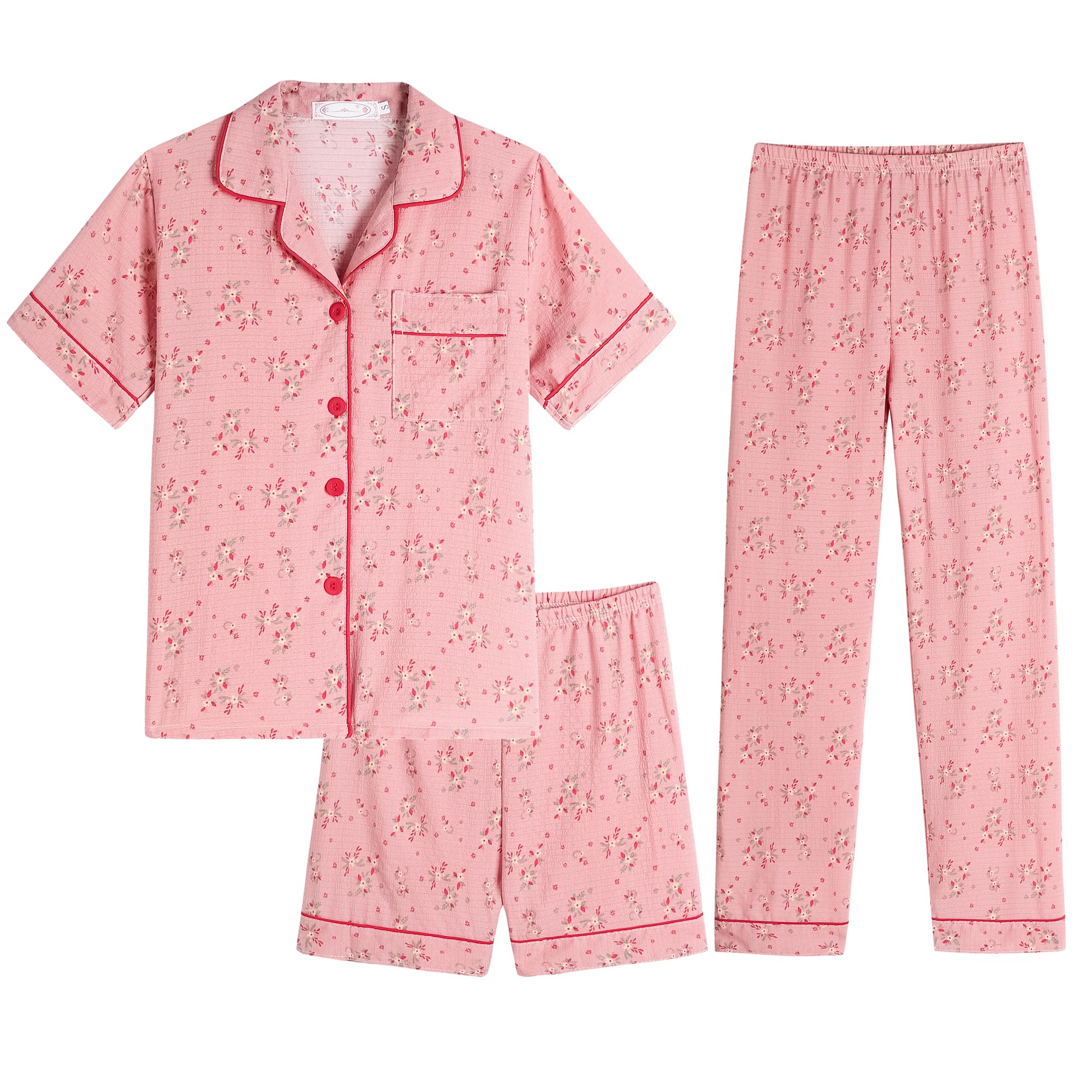 Hupohoi Big Girls Button Down Pajama Set 3pcs Crepe Fabric Sleepwear Nighty