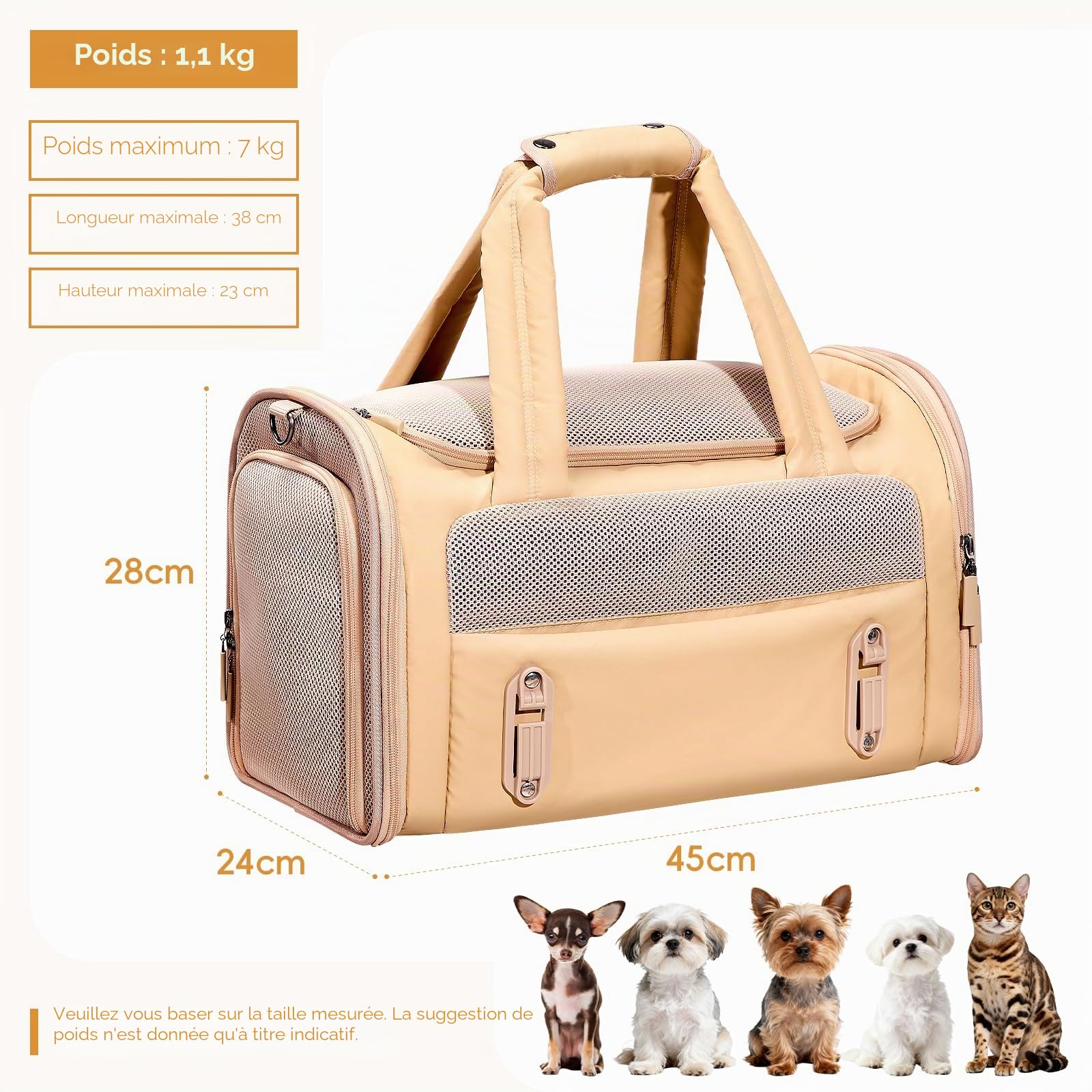 Sac de Transport Chat Petit Chien Avion Homologué avec Ceinture Auto, Coussin Anti-Poils, Lavable, Mesh Anti-Griffure, Pliable, Cuir Imperméable, Aéré, 3 Poches, Portable pour Voyage Train Véto