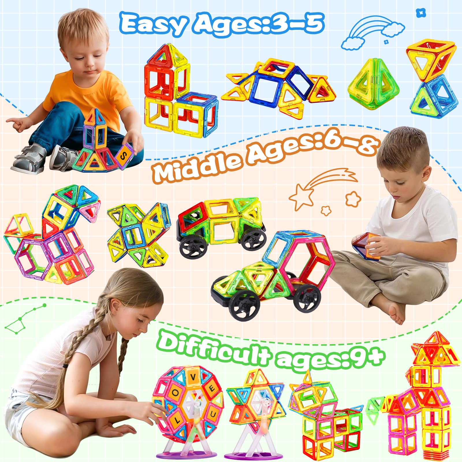 Purpledi 120 Pezzi Blocchi di Costruzione Magnetici Giochi Magnetici Costruzione Magnetica, Bambini Giocattoli Giochi di Costruzione Educativo Regalo di compleanno per 4 5 6 7 8 9 Anni