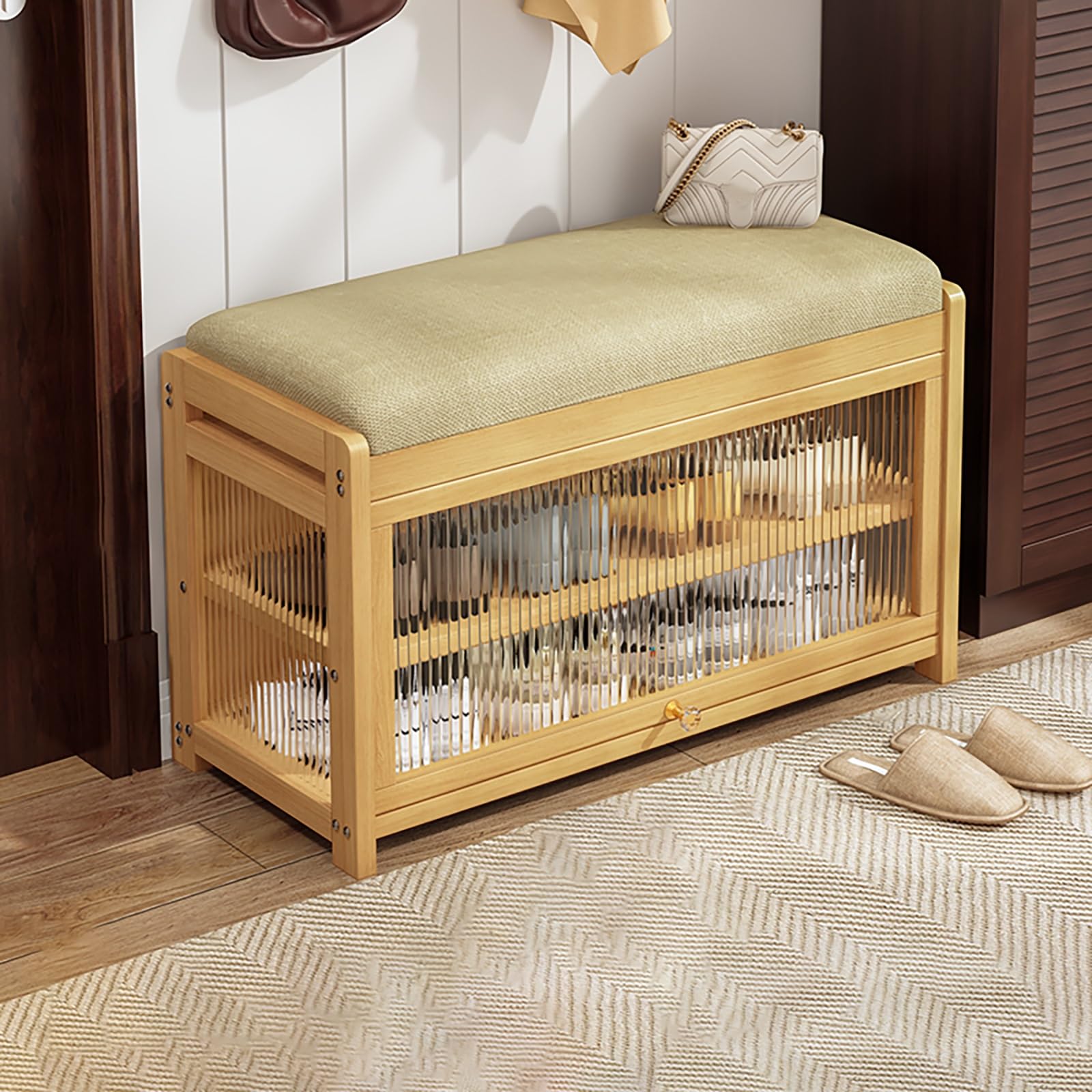 Meuble à chaussures pour entrée accueillante en bois et assise rembourrée confortable