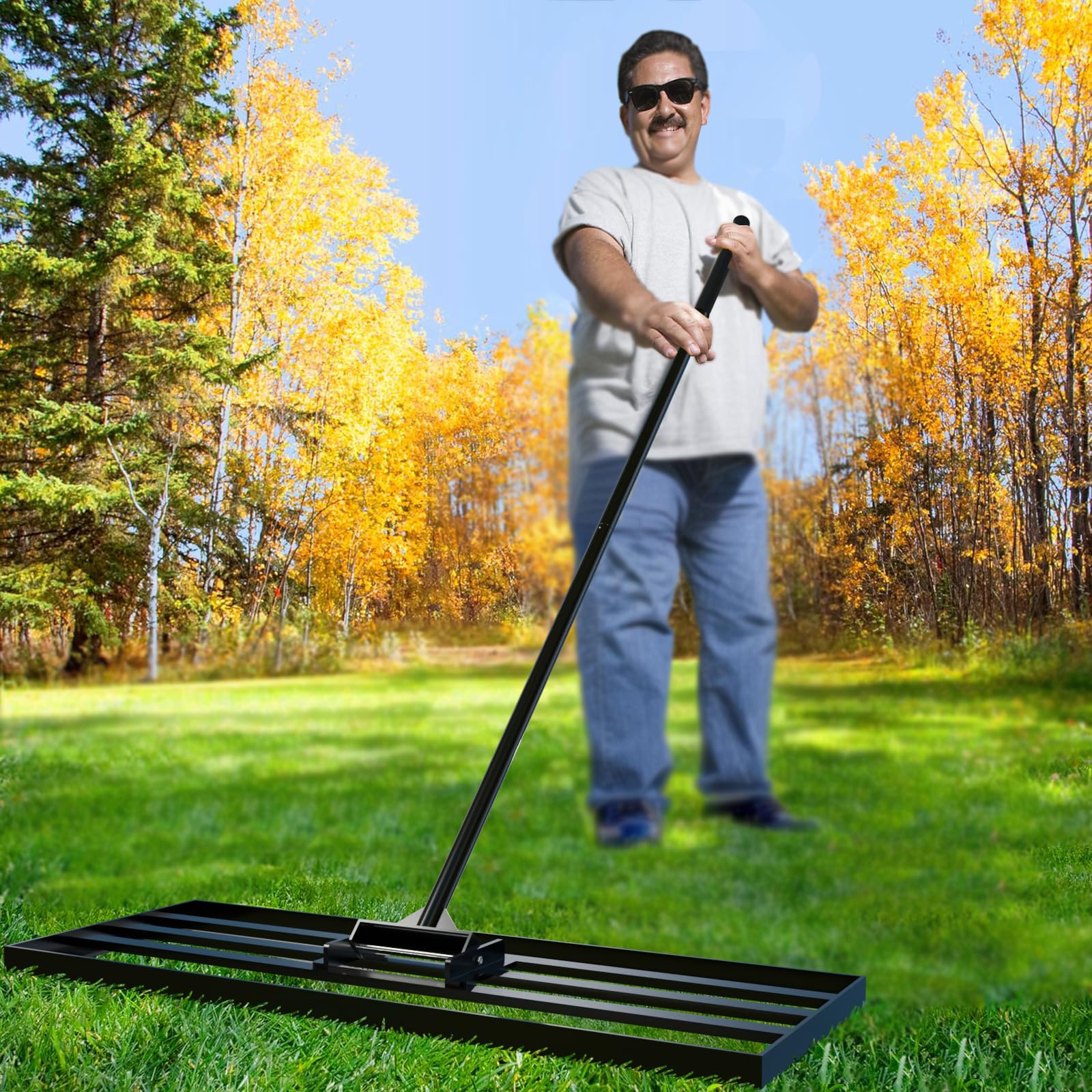 Rastrillo de nivelación de césped de 75 x 25 cm, con sistema de clic de 200 cm, mango ajustable de 200 cm, para césped, arena de césped, nivelación de arena, aireador, rastrillo nivelador de lawn