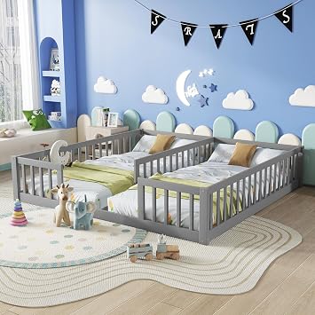 Floor Bed for 2 Kids, Montessori Bed Frame with Fence Railings, Wooden Double Twin Bed for Two Boys Girls, Box Spring Needed, Gray