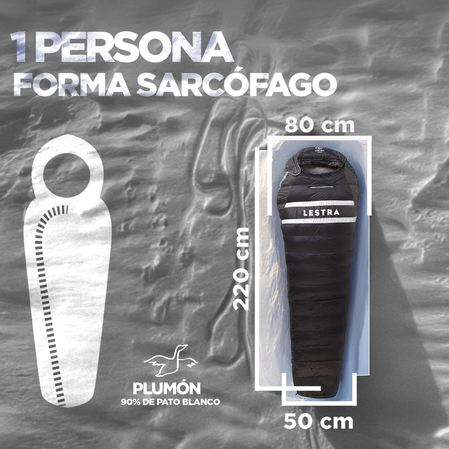 Lestra Sport - Alaska Original - Saco de Dormir Frío Extremo - T° Límite Confort -14 °C - Plumón de Pato - Adulto - 220 x 80 cm - 1,4 kg