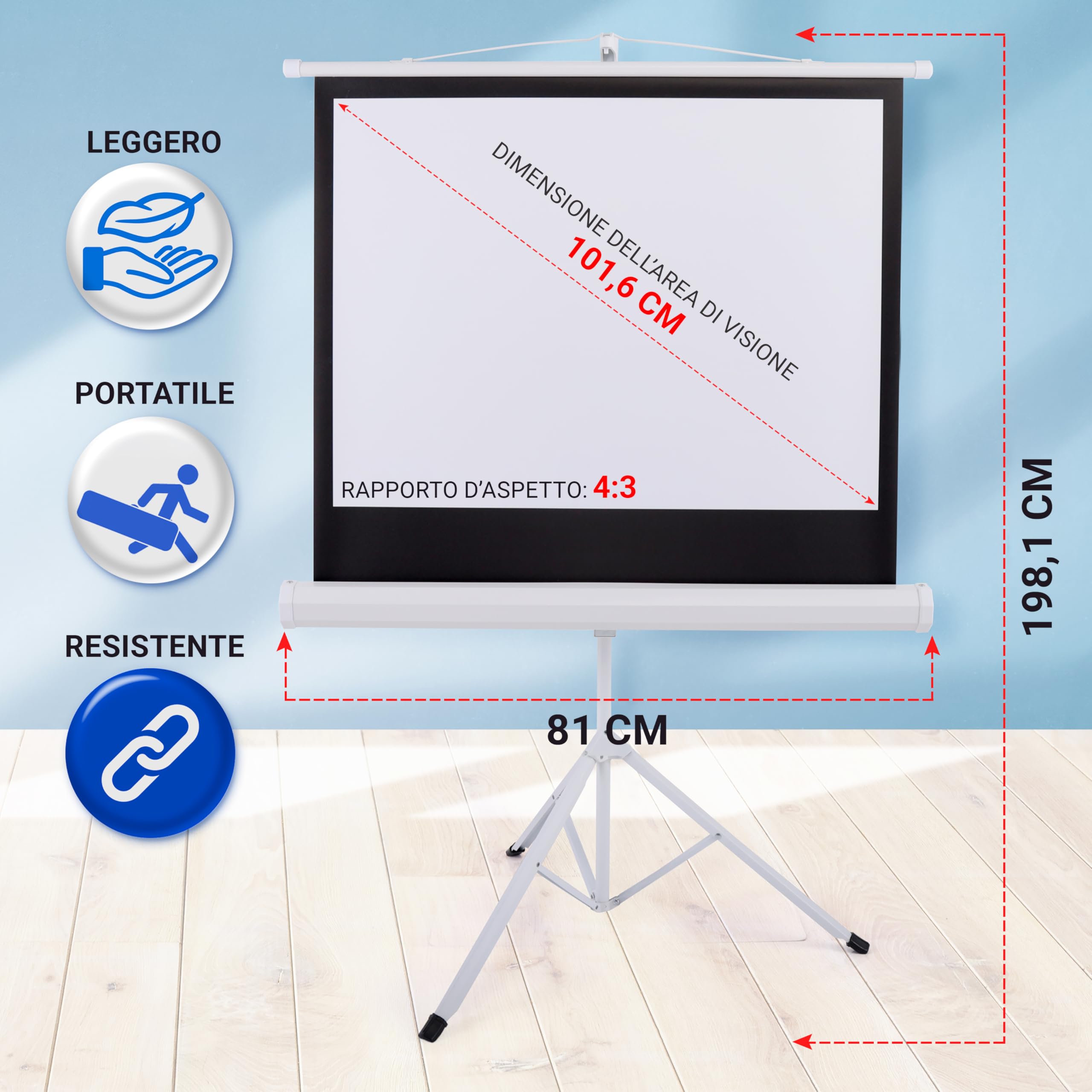 Pyle Telo Proiettore Portatile 102 cm con Treppiede, Schermo per Proiettore Leggero e Resistente, Rapido da Montare, Formato 4:3, Ideale per Uso Interno/Esterno, Scuole e Conferenze