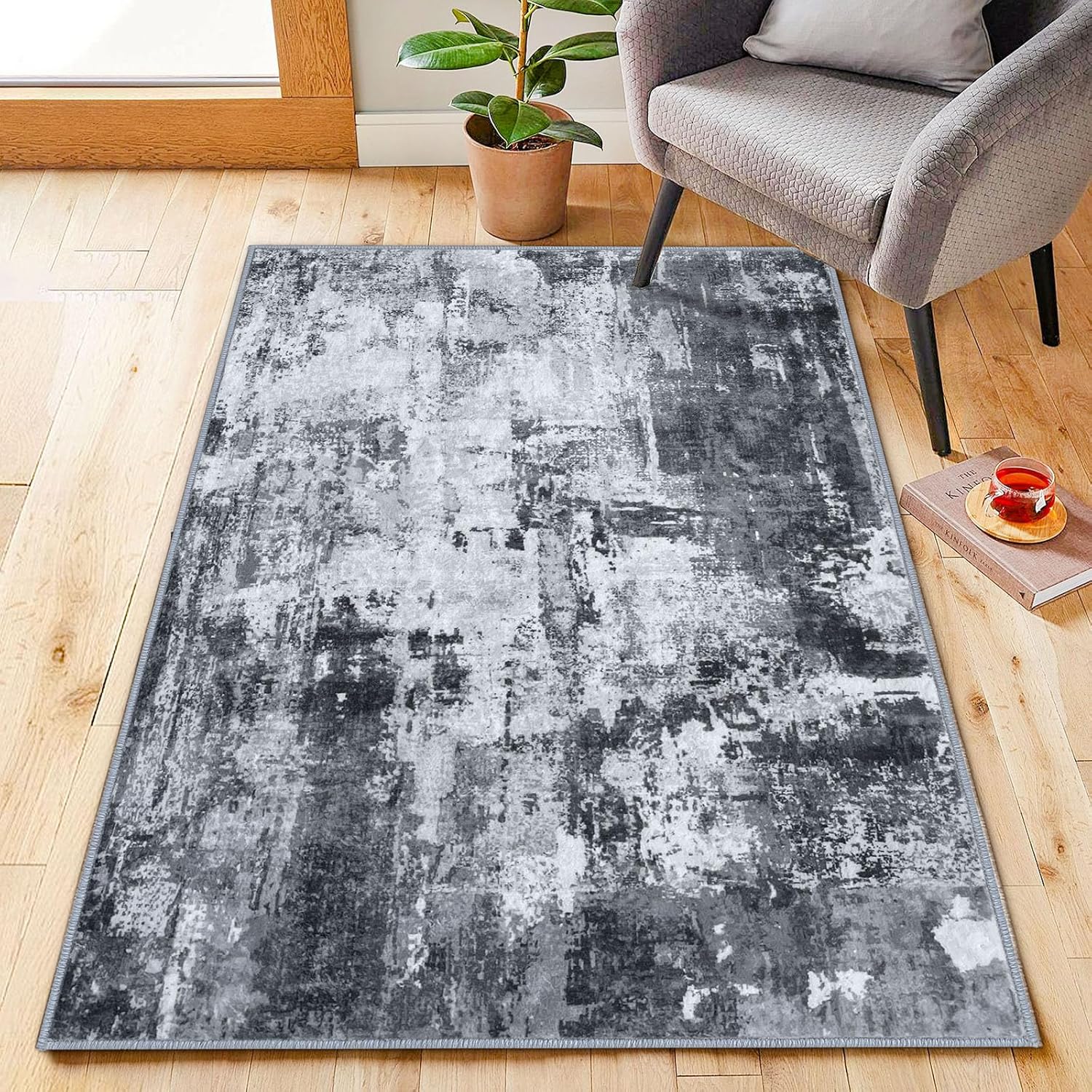 Modern abstract 3x5 rug in gray - washable non-slip entry mat