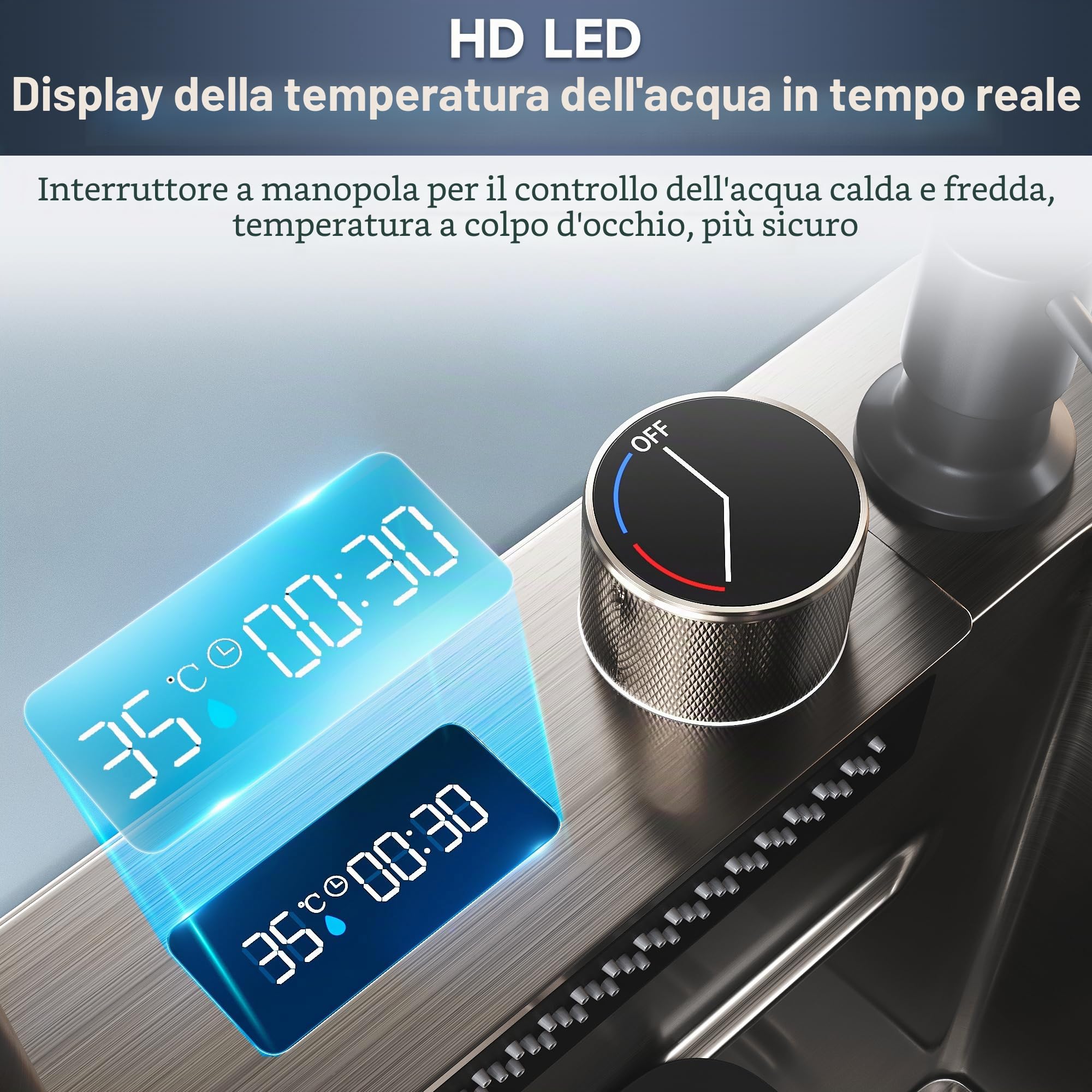 SONNI Lavello, lavello da cucina, cascata da cucina con rubinetto estraibile, indicatore di temperatura, lavastoviglie per tazze, cestello filtro dell'acqua, tagliere in acciaio inox 304, 80 x 45 x 23