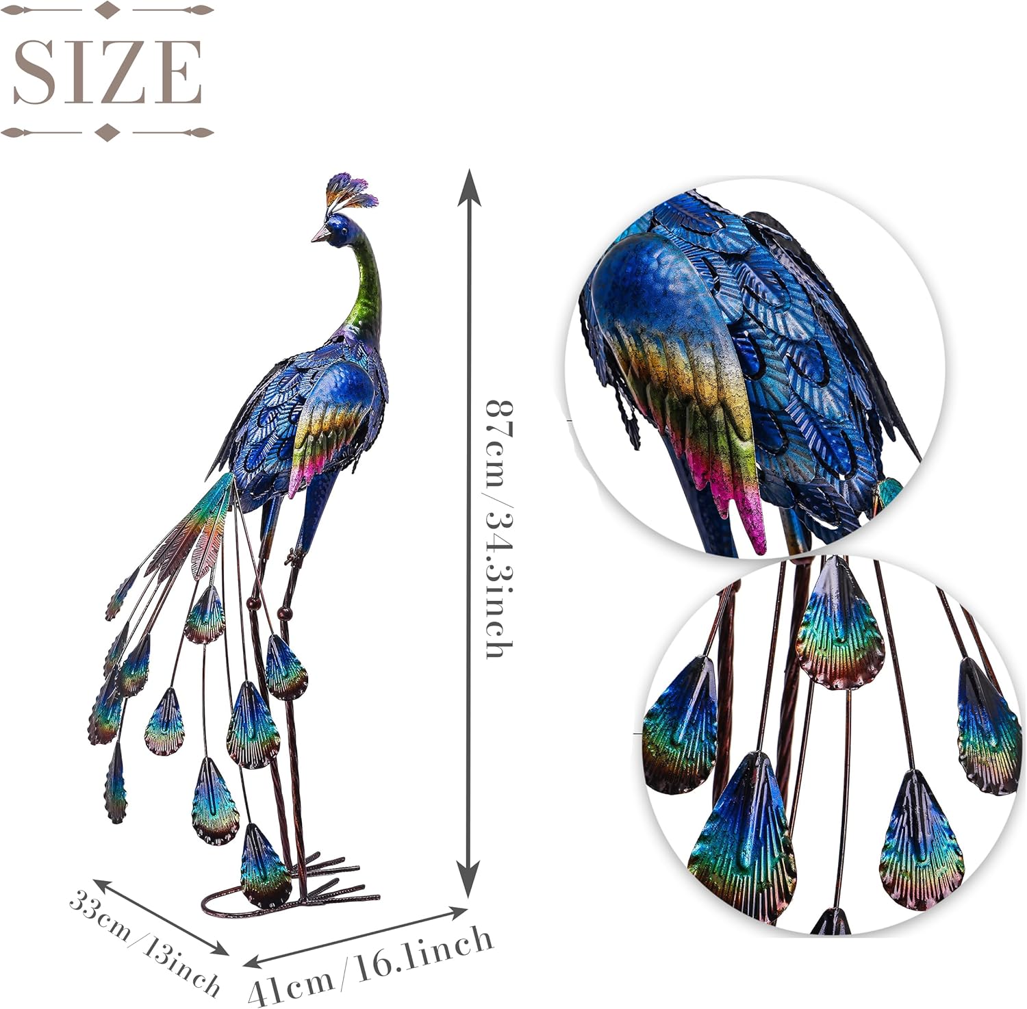 TERESA'S COLLECTIONS Outdoor Decor Peacock Yard Art Garden Sculptures & Statues for Porch Decor,35'' Blue Large Metal Bird Garden Decor for Outside, Yard Decorations Outdoor for Patio,Gifts for Mom