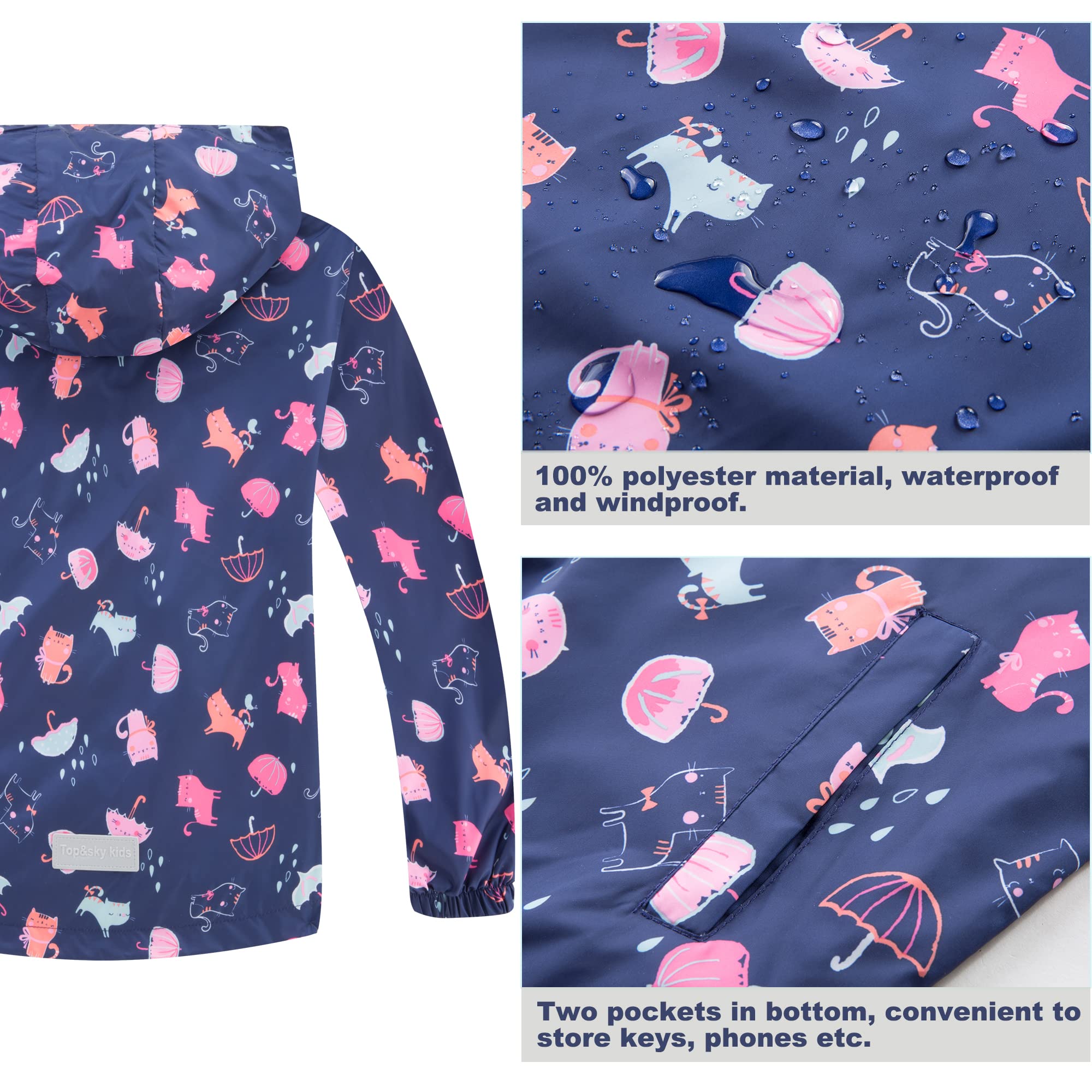 Fewlby Chaqueta Impermeable con Capucha para Niña, Cortavientos con Forro Polar Ligera Abrigo Prueba de Viento Chubasquero Primavera Otoño Abrigos Deportivos 3-12 Años