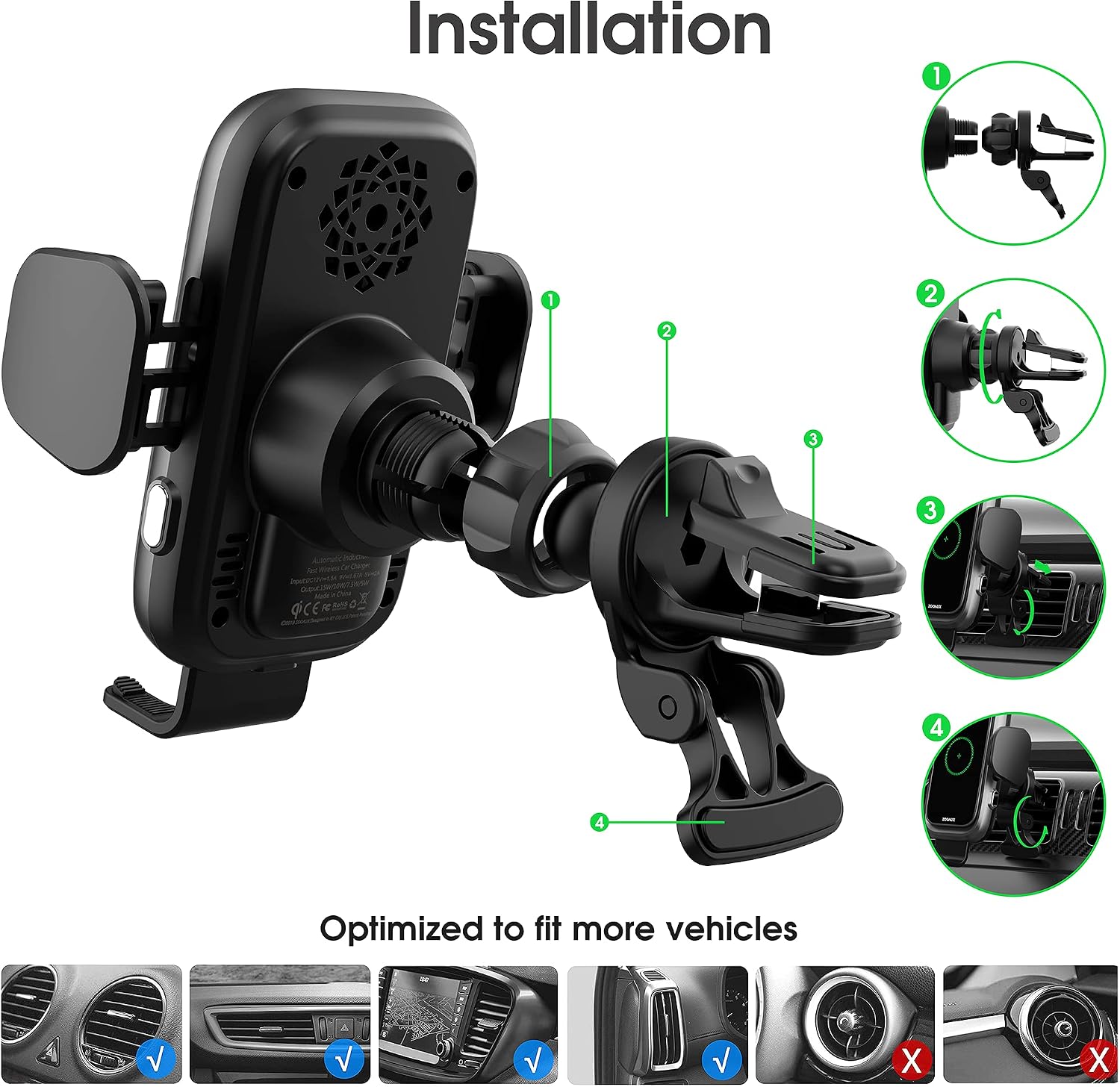 [Upgraded Version] ZOOAUX Wireless Car Charger,15W Fast Charging Auto-Clamping Air Vent Mount Phone Holder,Built-in Cooling Fan for iPhone 13/13 mini/12/11/XR/X/8,Samsung S22/S21/S10/S9/S8 and More