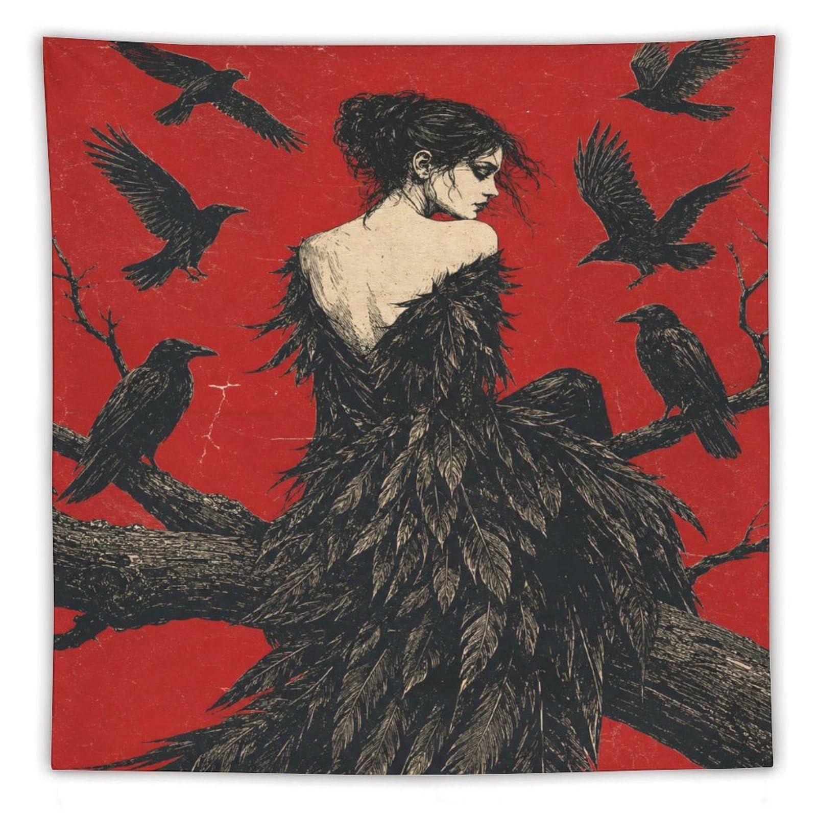 H3B8U2Y5 Raven Woman with Flying Crows Wall Tapestry, Ceiling Hanging