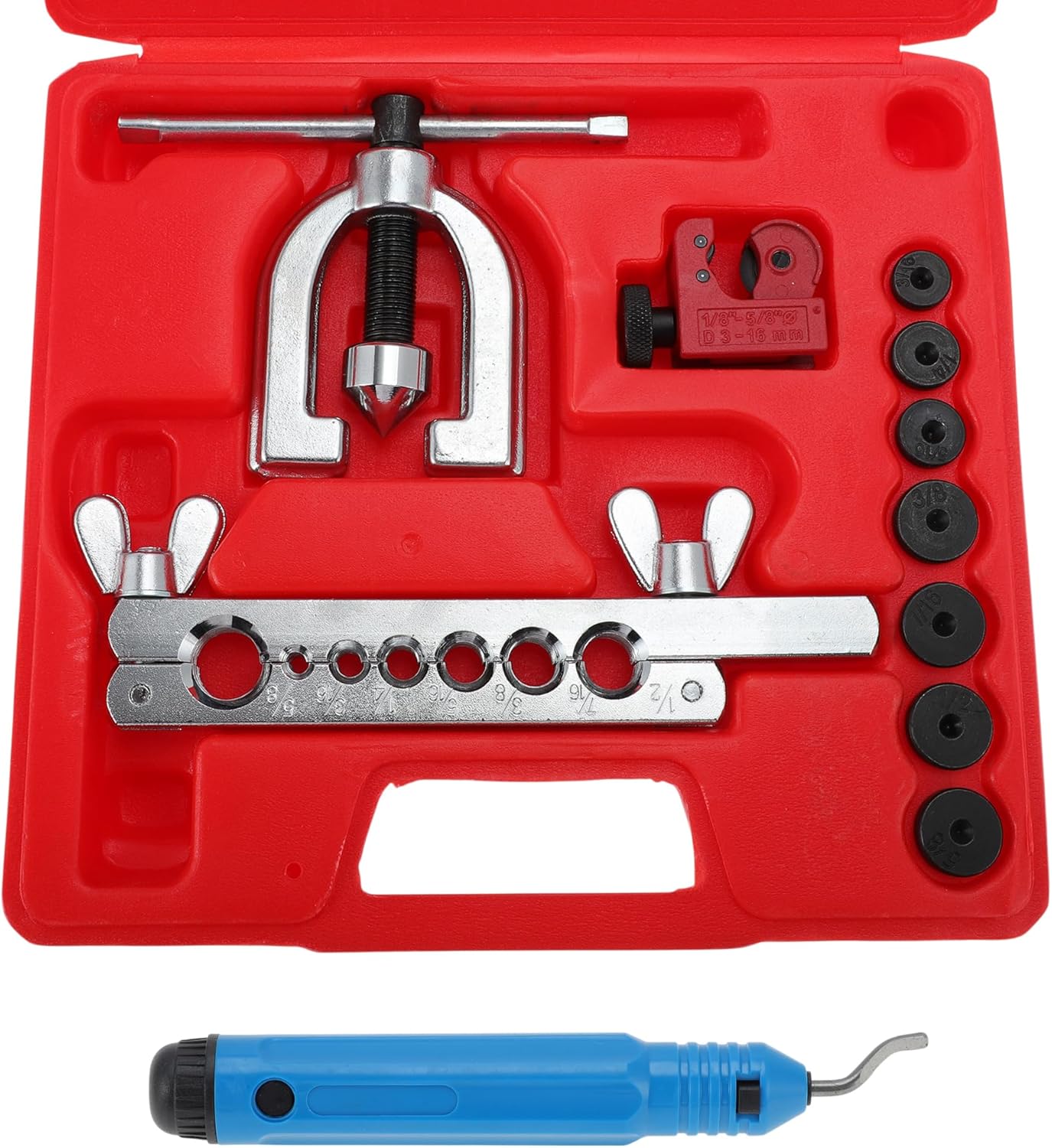 Brake Line Flaring Tool Kit Double & Single Flaring Tool 7 Adapters, Tubing Cutter for Copper/Aluminum/Brass Brake Line Tubing 45 Degrees 3/16" 1/4" 5/16" 3/8" 7/16" 1/2" 5/8"