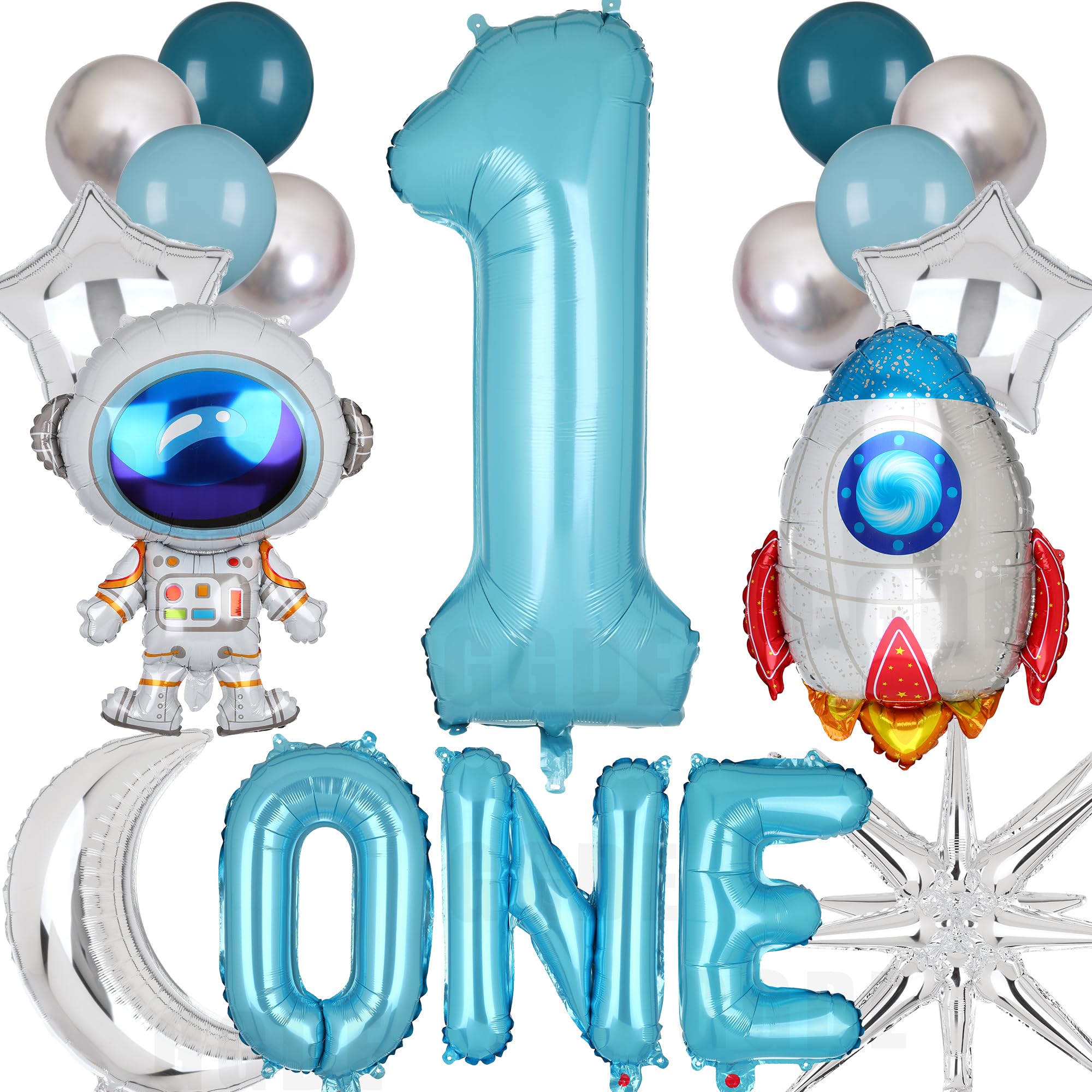 16 Pcs Space Themed Party Decorations - Rocket, Astronauts, Moon, UFO Balloons, 40 Inch Number Balloon 1 Blue - Outer Space Theme Boys Kids First 1st Birthday Party Decor Kit
