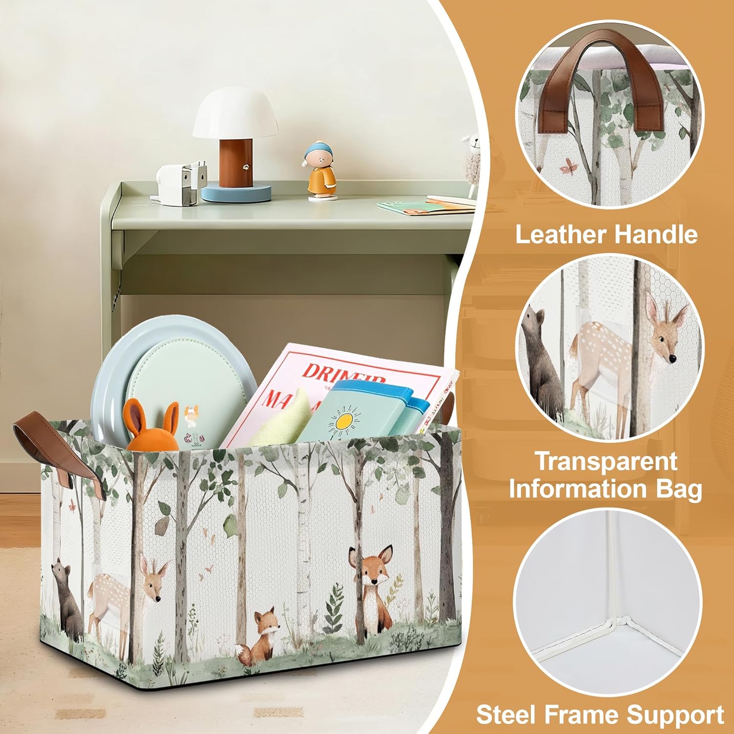 Forest Animal Fabric Storage Bins with Handles, Oxford Storage Basket for Closet Organization, Foldable Shelf Organizer for Bedroom, Nursery, Laundry, Office