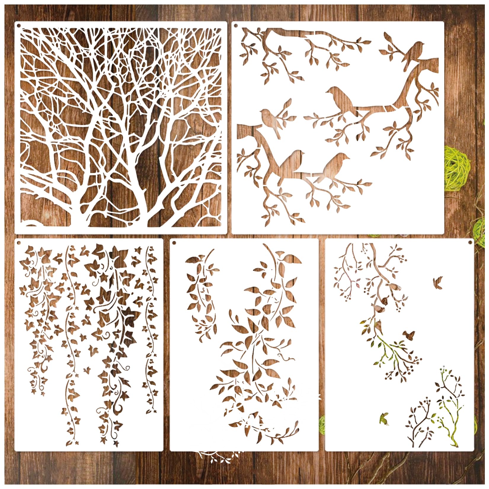 Tree Leaf Vine Stencils for Painting on Wood, Large Bird Branches Stencils for Crafts Reusable Wood Burning Drawing Art Paint Stencil and Patterns for Wall Furniture Canvas (Tree)