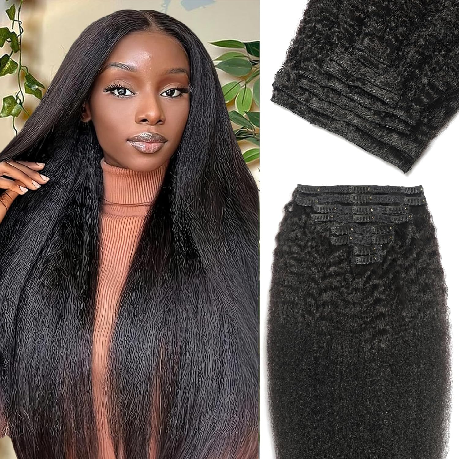 Clip in Hair Extensions Real Human Hair 125g 8Pcs/Set Kinky Straight Clip Ins Brazilian Human Hair for Black Women Seamless Clip on Hair Extensions Double Weft with 18Clips (24Inch)