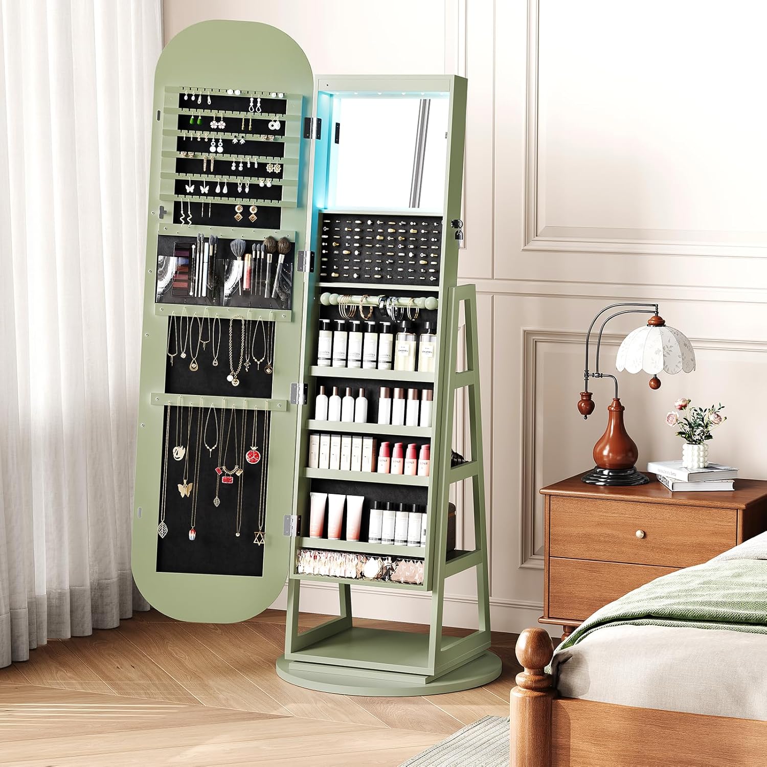 360° Swivel Jewelry Mirror Cabinet with Lights, Inside Makeup Mirror, Standing Jewelry Armoire Organizer, Rotatable Full-Length Mirror with Jewelry Storage, Lockable with Back Storage Shelves (Green) - Image 8