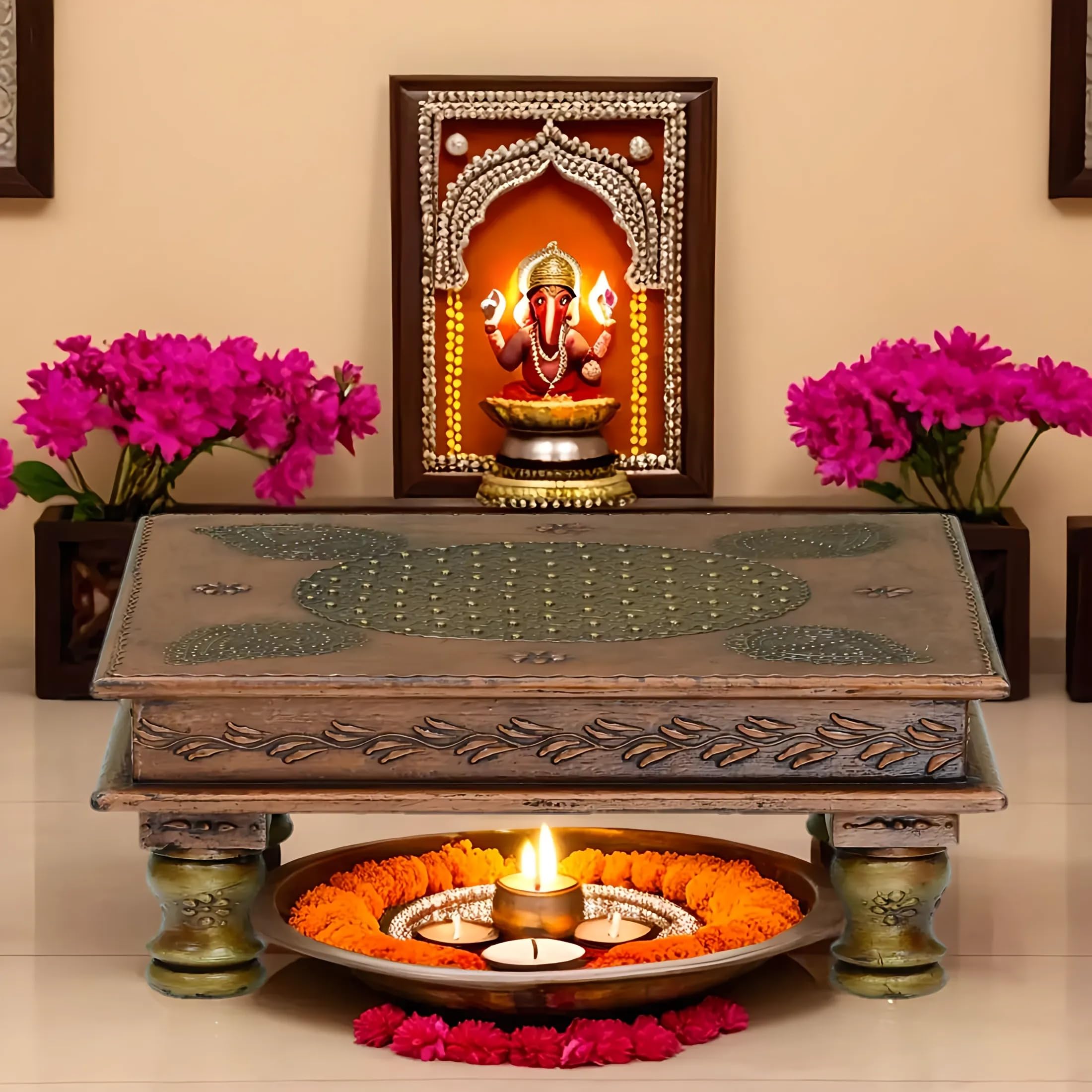 Medieval Arts Wooden Copper Finish Chowki/Bajot 12 * 12 Inch for Home Decoration (Copper 1)