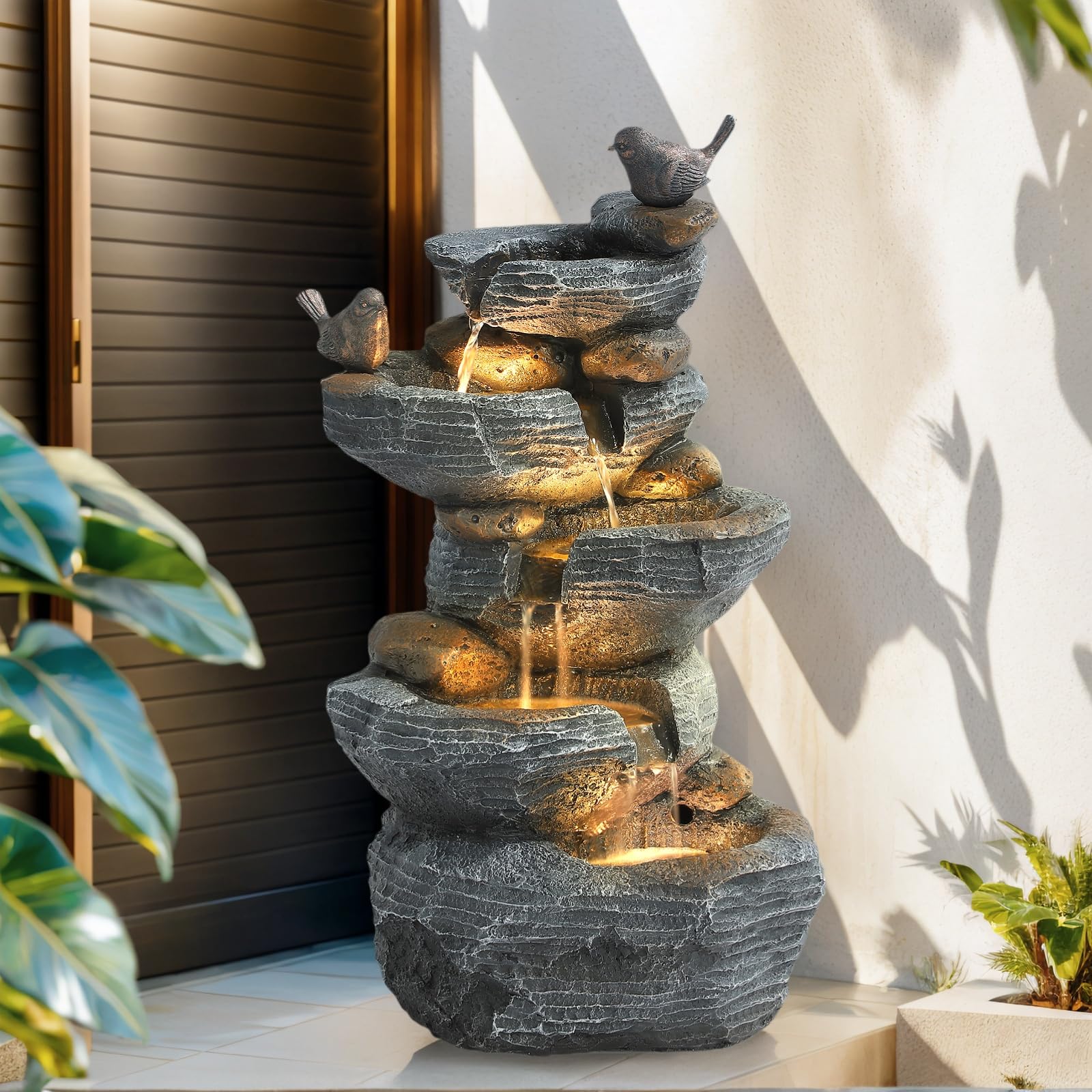 Grepatio Outdoor Water Fountain 5 Tier Cascading Rock Waterfalls Fountains with 4 LED Lights and Pump Indoor/Outdoor Modern Floor Standing Garden Water Fountain for Yard, Patio, House Decor-image-36