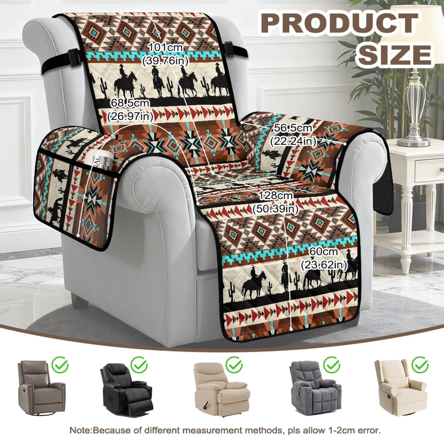 Aztec Tribal Cowboy Stripe Print Non Slip Recliner Covers Lazy Boy Chair Cover for Reclining Chair Couch Soft Furniture Protector Slipcovers with Elastic Strap for Pets Dog