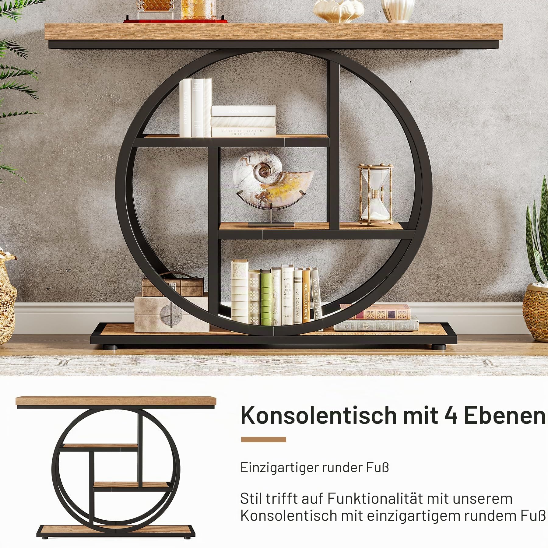 Tribesigns Konsolentisch Schmal 105 x 30 cm, Flurtisch mit 4 Ablagen, Industrieller Eingangstisch mit Rundem Metallrahmen, Flurkonsole für Kleine Räume, Wohnzimmer und Foyer, Hellbraun