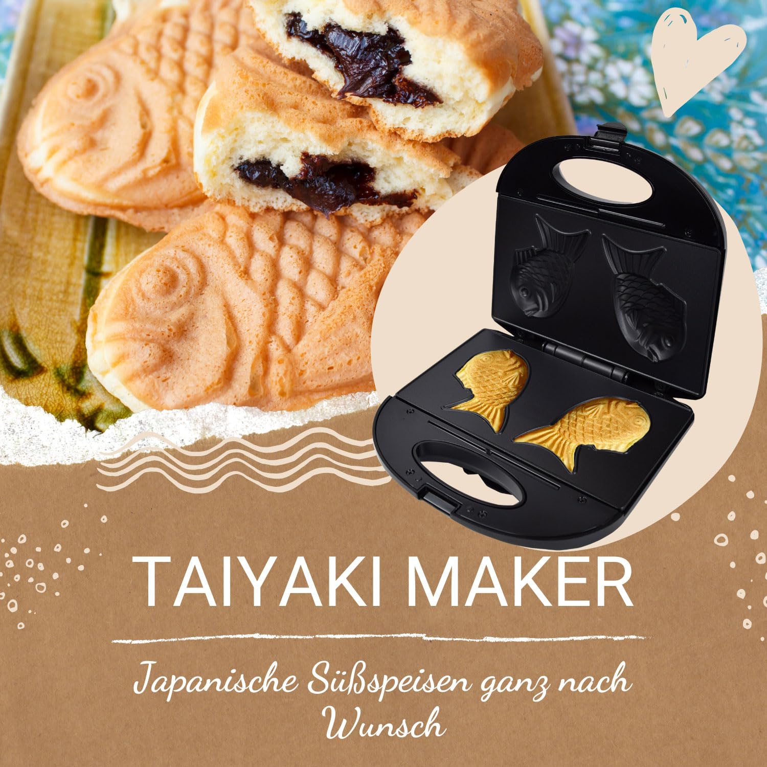 Syntrox Taiyaki Maker | Grill | Fisch Waffeleisen Fischform | Japanisches Gebäck, 750W, japanische Süßspeisen, Überhitzungsschutz, Küchenhelfer, rutschfeste Backplatte, Edelstahl