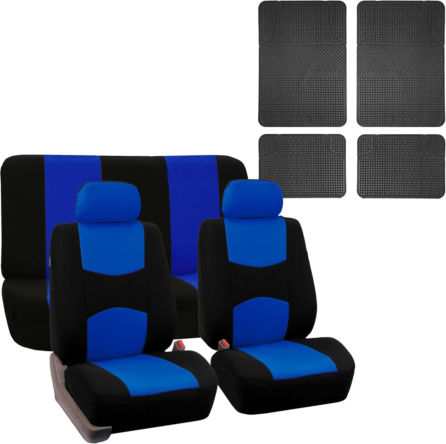 FH Group Flat Cloth Car Seat Covers Full Set with Non-Slip Carpet Floor Mats with Heel Pad – Universal Fit for Cars Trucks & SUVs (Blue) FB050112 + F14403