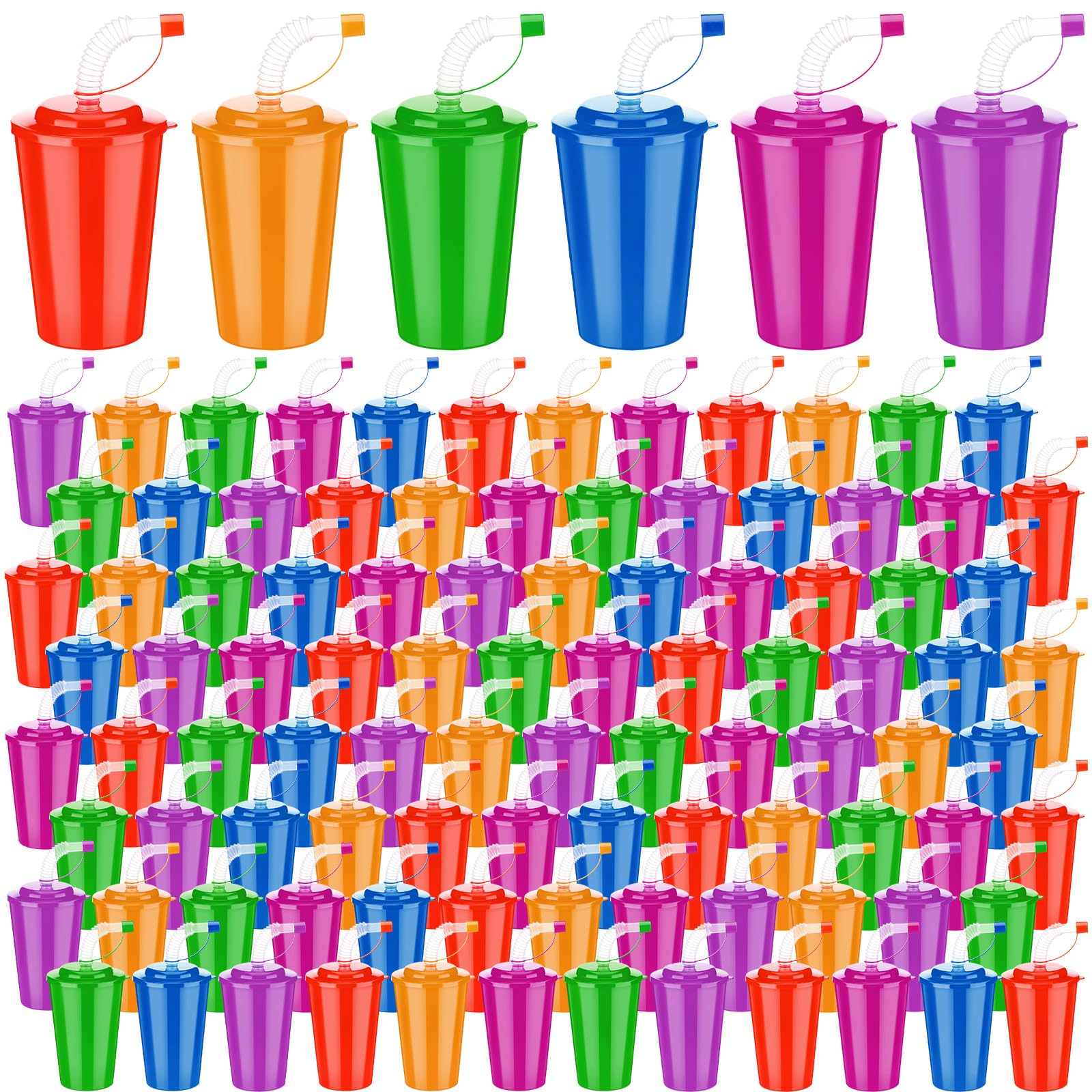 Zubebe Vasos de neón de 12 onzas, vasos de neón coloridos con tapas y popotes, vasos de plástico a prueba de derrames, vasos reutilizables para fiestas de cumpleaños, suministros de eventos, 6 colores